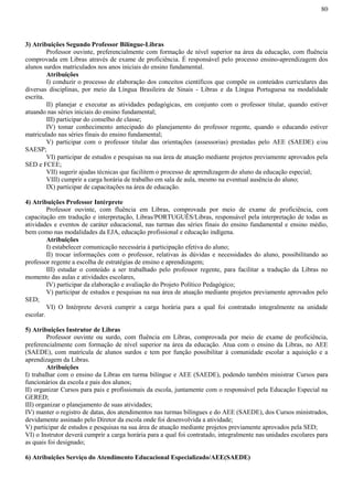 80
3) Atribuições Segundo Professor Bilíngue-Libras
Professor ouvinte, preferencialmente com formação de nível superior na área da educação, com fluência
comprovada em Libras através de exame de proficiência. É responsável pelo processo ensino-aprendizagem dos
alunos surdos matriculados nos anos iniciais do ensino fundamental.
Atribuições
I) conduzir o processo de elaboração dos conceitos científicos que compõe os conteúdos curriculares das
diversas disciplinas, por meio da Língua Brasileira de Sinais - Libras e da Língua Portuguesa na modalidade
escrita.
II) planejar e executar as atividades pedagógicas, em conjunto com o professor titular, quando estiver
atuando nas séries iniciais do ensino fundamental;
III) participar do conselho de classe;
IV) tomar conhecimento antecipado do planejamento do professor regente, quando o educando estiver
matriculado nas séries finais do ensino fundamental;
V) participar com o professor titular das orientações (assessorias) prestadas pelo AEE (SAEDE) e/ou
SAESP;
VI) participar de estudos e pesquisas na sua área de atuação mediante projetos previamente aprovados pela
SED e FCEE;
VII) sugerir ajudas técnicas que facilitem o processo de aprendizagem do aluno da educação especial;
VIII) cumprir a carga horária de trabalho em sala de aula, mesmo na eventual ausência do aluno;
IX) participar de capacitações na área de educação.
4) Atribuições Professor Intérprete
Professor ouvinte, com fluência em Libras, comprovada por meio de exame de proficiência, com
capacitação em tradução e interpretação, Libras/PORTUGUÊS/Libras, responsável pela interpretação de todas as
atividades e eventos de caráter educacional, nas turmas das séries finais do ensino fundamental e ensino médio,
bem como nas modalidades da EJA, educação profissional e educação indígena.
Atribuições
I) estabelecer comunicação necessária à participação efetiva do aluno;
II) trocar informações com o professor, relativas às dúvidas e necessidades do aluno, possibilitando ao
professor regente a escolha de estratégias de ensino e aprendizagem;
III) estudar o conteúdo a ser trabalhado pelo professor regente, para facilitar a tradução da Libras no
momento das aulas e atividades escolares,
IV) participar da elaboração e avaliação do Projeto Político Pedagógico;
V) participar de estudos e pesquisas na sua área de atuação mediante projetos previamente aprovados pelo
SED;
VI) O Intérprete deverá cumprir a carga horária para a qual foi contratado integralmente na unidade
escolar.
5) Atribuições Instrutor de Libras
Professor ouvinte ou surdo, com fluência em Libras, comprovada por meio de exame de proficiência,
preferencialmente com formação de nível superior na área da educação. Atua com o ensino da Libras, no AEE
(SAEDE), com matrícula de alunos surdos e tem por função possibilitar à comunidade escolar a aquisição e a
aprendizagem da Libras.
Atribuições
I) trabalhar com o ensino da Libras em turma bilíngue e AEE (SAEDE), podendo também ministrar Cursos para
funcionários da escola e pais dos alunos;
II) organizar Cursos para pais e profissionais da escola, juntamente com o responsável pela Educação Especial na
GERED;
III) organizar o planejamento de suas atividades;
IV) manter o registro de datas, dos atendimentos nas turmas bilíngues e do AEE (SAEDE), dos Cursos ministrados,
devidamente assinado pelo Diretor da escola onde foi desenvolvida a atividade;
V) participar de estudos e pesquisas na sua área de atuação mediante projetos previamente aprovados pela SED;
VI) o Instrutor deverá cumprir a carga horária para a qual foi contratado, integralmente nas unidades escolares para
as quais foi designado;
6) Atribuições Serviço do Atendimento Educacional Especializado/AEE(SAEDE)
 