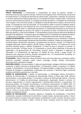 28
ANEXO I
DOS OBJETOS DE AVALIAÇÃO
LÍNGUA PORTUGUESA: 1 Compreensão e interpretação de textos de gêneros variados. 2
Reconhecimento de tipos e gêneros textuais. 3 Domínio da ortografia oficial. 4 Domínio dos mecanismos
de coesão textual. 4.1 Emprego de elementos de referenciação, substituição e repetição, de conectores
e de outros elementos de sequenciação textual. 4.2 Emprego de tempos e modos verbais. 5 Domínio da
estrutura morfossintática do período. 5.1 Emprego das classes de palavras. 5.2 Relações de coordenação
entre orações e entre termos da oração. 5.3 Relações de subordinação entre orações e entre termos da
oração. 5.4 Emprego dos sinais de pontuação. 5.5 Concordância verbal e nominal.5.6 Regência verbal e
nominal. 5.7 Emprego do sinal indicativo de crase. 5.8 Colocação dos pronomes átonos. 6 Reescrita de
frases e parágrafos do texto. 6.1 Significação das palavras. 6.2 Substituição de palavras ou de trechos de
texto. 6.3 Reorganização da estrutura de orações e de períodos do texto. 6.4 Reescrita de textos de
diferentes gêneros e níveis de formalidade. 7 Correspondência oficial (conforme Manual de Redação da
Presidência da República). 7.1 Aspectos gerais da redação oficial.7.2 Finalidade dos expedientes oficiais.
7.3 Adequação da linguagem ao tipo de documento. 7.4 Adequação do formato do texto ao gênero.
NOÇÕES DE INFORMÁTICA: 1 Noções de sistema operacional (ambientes Linux e Windows). 2 Edição de
textos, planilhas e apresentações (ambientes Microsoft Office e BrOffice). 3 Redes de computadores. 3.1
Conceitos básicos, ferramentas, aplicativos e procedimentos de Internet e intranet. 3.2 Programas de
navegação (Microsoft Internet Explorer, Mozilla Firefox e Google Chrome). 3.3 Programas de correio
eletrônico (Outlook Express e Mozilla Thunderbird). 3.4 Sítios de busca e pesquisa na Internet. 3.5
Grupos de discussão. 3.6 Redes sociais. 3.7 Computação na nuvem (cloud computing). 4 Conceitos de
organização e de gerenciamento de informações, arquivos, pastas e programas. 5 Segurança da
informação. 5.1 Procedimentos de segurança. 5.2 Noções de vírus, worms e pragas virtuais. 5.3
Aplicativos para segurança (antivírus, firewall, anti-spyware etc.). 5.4 Procedimentos de backup. 5.5
Armazenamento de dados na nuvem (cloud storage).
ATUALIDADES: Tópicos relevantes e atuais de diversas áreas, tais como segurança, transportes, política,
economia, sociedade, educação, saúde, cultura, tecnologia, energia, relações internacionais,
desenvolvimento sustentável e ecologia.
RACIOCÍNIO LÓGICO: 1 Estruturas lógicas. 2 Lógica de argumentação: analogias, inferências, deduções e
conclusões. 3 Lógica sentencial (ou proposicional). 3.1 Proposições simples e compostas. 3.2 Tabelas-
verdade. 3.3 Equivalências. 3.4 Leis de De Morgan. 3.5 Diagramas lógicos. 4 Lógica de primeira ordem. 5
Princípios de contagem e probabilidade. 6 Operações com conjuntos. 7 Raciocínio lógico envolvendo
problemas aritméticos, geométricos e matriciais.
NOÇÕES DE ADMINISTRAÇÃO: 1 Noções de administração. 1.1 Abordagens clássica, burocrática e
sistêmica da administração. 1.2 Evolução da Administração Pública no Brasil após 1930; reformas
administrativas; a nova gestão pública. 1.3 Princípios e sistemas de Administração Federal. 2 Processo
administrativo. 2.1 Funções da administração: planejamento, organização, direção e controle. 2.2
Estrutura organizacional. 2.3 Cultura organizacional. 3 Administração financeira e orçamentária. 3.1
Orçamento público. 3.2 Princípios orçamentários. 3.3 Diretrizes orçamentárias. 3.4 SIDOR, SIAFI. 3.5
Receita pública: categorias, fontes, estágios e dívida ativa. 3.6 Despesa pública: categorias, estágios. 3.7
Suprimento de fundos. 3.8 Restos a pagar. 3.9 Despesas de exercícios anteriores. 3.10 Conta única do
Tesouro. 4 Ética no serviço público: comportamento profissional, atitudes no serviço, organização do
trabalho, prioridade em serviço.
NOÇÕES DE CONTABILIDADE: 1 Conceitos, objetivos e finalidades da contabilidade. 2 Patrimônio:
componentes, equação fundamental do patrimônio, situação líquida, representação gráfica. 3 Atos e
fatos administrativos: conceitos, fatos permutativos, modificativos e mistos. 4 Contas: conceitos, contas
de débitos, contas de créditos e saldos. 5 Plano de contas: conceitos, elenco de contas, função e
 