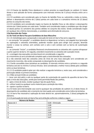 32
2.2.1 O Exame de Aptidão Física obedecerá à ordem prevista na especificação no subitem 2.2 deste
Anexo e será aplicado de forma subsequente com intervalo mínimo de 5 (cinco) minutos entre um e
outro.
2.2.2 O candidato será considerado apto no Exame de Aptidão Física se, submetido a todos os testes,
obtiver o desempenho mínimo de 2 (dois) pontos em cada teste e o somatório mínimo de 12 (doze)
pontos no conjunto dos testes.
2.2.4 O candidato será considerado inapto no Exame de Aptidão Física se não obtiver o desempenho
mínimo de 2 (dois) pontos em cada teste. Também será considerado inapto o candidato que não atingir
12 (doze) pontos no somatório dos pontos obtidos no conjunto dos testes. Sendo considerado inapto
em qualquer dos critérios mencionados, o candidato será eliminado do concurso.
3 Da Descrição dos Testes
3.1 Do Teste em Barra Fixa para Candidatos do Sexo Masculino
3.1.1 A metodologia para a preparação e execução do teste em barra fixa será a seguinte:
I – ao comando “em posição”, o candidato deverá se dependurar na barra, com pegada livre (pronação
ou supinação) e cotovelos estendidos, podendo receber ajuda para atingir essa posição, devendo
manter o corpo na vertical, sem contato com o solo e sem contato com as barras de sustentação
laterais;
II – ao comando “iniciar”, o candidato flexionará simultaneamente os cotovelos até o queixo ultrapassar
a parte superior da barra. Em seguida, estenderá novamente os cotovelos até a posição inicial;
III - a contagem das execuções corretas levará em consideração o seguinte:
a) o movimento só será considerado completo após a total extensão dos cotovelos;
b) a não extensão total dos cotovelos antes do início de uma nova execução será considerada um
movimento incorreto, não sendo computado no desempenho do candidato.
3.1.2 Serão concedidas duas tentativas ao candidato. O intervalo mínimo entre a primeira e a segunda
tentativa será de no mínimo 5 (cinco) minutos. Será considerada a melhor marca obtida pelo candidato
entre as duas tentativas.
3.1.2.1 O candidato poderá optar por não realizar a segunda tentativa e, neste caso, será considerada a
pontuação obtida na primeira tentativa.
3.1.3 Não será permitido ao candidato:
I – tocar com o(s) pé(s) o solo ou qualquer parte de sustentação do suporte do aparelho da barra fixa
após o início das execuções, sendo para tanto permitida flexão dos joelhos;
II – após o início do teste, receber qualquer tipo de ajuda física;
III – utilizar luva(s) ou qualquer outro material para a proteção das mãos;
IV – apoiar o queixo na barra.
3.1.4 O teste será interrompido caso ocorra quaisquer das proibições do subitem 3.1.3 deste Anexo. O
desempenho do candidato até o momento da interrupção será considerado como índice da tentativa.
3.1.5 A barra fixa necessária à aplicação do teste deverá ter, aproximadamente, 2 (duas) polegadas de
diâmetro.
3.1.6 A pontuação do teste em barra fixa será atribuída conforme a tabela a seguir:
Número de flexões Pontos
Abaixo de 3 0,00 – Eliminado
3 2,00
4 2,33
5 2,67
6 3,00
7 3,33
8 3,67
 