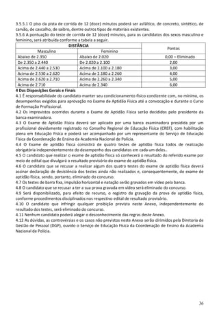 36
3.5.5.1 O piso da pista de corrida de 12 (doze) minutos poderá ser asfáltico, de concreto, sintético, de
carvão, de cascalho, de saibro, dentre outros tipos de materiais existentes.
3.5.6 A pontuação do teste de corrida de 12 (doze) minutos, para os candidatos dos sexos masculino e
feminino, será atribuída conforme a tabela a seguir.
DISTÂNCIA
Pontos
Masculino Feminino
Abaixo de 2.350 Abaixo de 2.020 0,00 – Eliminado
De 2.350 a 2.440 De 2.020 a 2.100 2,00
Acima de 2.440 a 2.530 Acima de 2.100 a 2.180 3,00
Acima de 2.530 a 2.620 Acima de 2.180 a 2.260 4,00
Acima de 2.620 a 2.710 Acima de 2.260 a 2.340 5,00
Acima de 2.710 Acima de 2.340 6,00
4 Das Disposições Gerais e Finais
4.1 É responsabilidade do candidato manter seu condicionamento físico condizente com, no mínimo, os
desempenhos exigidos para aprovação no Exame de Aptidão Física até a convocação e durante o Curso
de Formação Profissional.
4.2 Os imprevistos ocorridos durante o Exame de Aptidão Física serão decididos pelo presidente da
banca examinadora.
4.3 O Exame de Aptidão Física deverá ser aplicado por uma banca examinadora presidida por um
profissional devidamente registrado no Conselho Regional de Educação Física (CREF), com habilitação
plena em Educação Física e poderá ser acompanhado por um representante do Serviço de Educação
Física da Coordenação de Ensino da Academia Nacional de Polícia.
4.4 O Exame de aptidão física consistirá de quatro testes de aptidão física todos de realização
obrigatória independentemente do desempenho dos candidatos em cada um deles..
4.5 O candidato que realizar o exame de aptidão física só conhecerá o resultado do referido exame por
meio de edital que divulgará o resultado provisório do exame de aptidão física.
4.6 O candidato que se recusar a realizar algum dos quatro testes do exame de aptidão física deverá
assinar declaração de desistência dos testes ainda não realizados e, consequentemente, do exame de
aptidão física, sendo, portanto, eliminado do concurso.
4.7 Os testes de barra fixa, impulsão horizontal e natação serão gravados em vídeo pela banca.
4.8 O candidato que se recusar a ter a sua prova gravada em vídeo será eliminado do concurso.
4.9 Será disponibilizado, para efeito de recurso, o registro da gravação da prova de aptidão física,
conforme procedimentos disciplinados nos respectivo edital de resultado provisório.
4.10 O candidato que infringir qualquer proibição prevista neste Anexo, independentemente do
resultado dos testes, será eliminado do concurso.
4.11 Nenhum candidato poderá alegar o desconhecimento das regras deste Anexo.
4.12 As dúvidas, as controvérsias e os casos não previstos neste Anexo serão dirimidos pela Diretoria de
Gestão de Pessoal (DGP), ouvido o Serviço de Educação Física da Coordenação de Ensino da Academia
Nacional de Polícia.
 