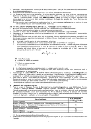 13
27. Não haverá, por qualquer motivo, prorrogação do tempo previsto para a aplicação das provas em razão de afastamento
do candidato da sala de prova.
28. Em hipótese nenhuma será realizada qualquer prova fora do local, data e horário determinados.
29. Por razões de ordem técnica, de segurança e de direitos autorais adquiridos, não serão fornecidos exemplares dos
Cadernos de Questões a candidatos ou a instituições de direito público ou privado, mesmo após o encerramento do
Concurso. O candidato deverá consultar o site www.concursosfcc.com.br no primeiro dia útil após a aplicação das
provas, para tomar conhecimento da(s) data(s) prevista(s) para divulgação das questões das Provas Objetivas, dos
gabaritos e/ou dos resultados.
29.1 As questões das Provas Objetivas ficarão disponíveis no site www.concursosfcc.com.br até o último dia para
interposição de recursos referentes ao Resultado das Provas.
VIII. DO JULGAMENTO DAS PROVAS OBJETIVAS PARA TODOS OS CARGOS/HABILITAÇÃO
1. As provas serão estatisticamente avaliadas, de acordo com o desempenho do grupo a elas submetido.
1.1 As provas objetivas serão corrigidas por meio de processamento eletrônico.
2. Considera-se grupo o total de candidatos presentes às provas objetivas do respectivo Cargo/Habilitação.
3. Na avaliação de cada prova será utilizado o escore padronizado, com média igual a 50 (cinquenta) e desvio padrão
igual a 10 (dez).
4. Esta padronização das notas de cada prova tem por finalidade avaliar o desempenho do candidato em relação aos
demais, permitindo que a posição relativa de cada candidato reflita sua classificação em cada prova. Na avaliação das
provas do Concurso:
a) é contado o total de acertos de cada candidato em cada prova;
b) são calculadas a média e o desvio padrão dos acertos de todos os candidatos em cada prova;
c) é transformado o total de acertos de cada candidato em nota padronizada (NP). Para isso, calcula-se a diferença
entre o total de acertos do candidato na prova (A) e a média de acertos do grupo na prova ( ), divide-se essa
diferença pelo desvio padrão (s) do grupo da prova, multiplica-se o resultado por 10 (dez) e soma-se 50
(cinquenta), de acordo com a fórmula:
x 10 + 50
NP = Nota Padronizada
A = Número de acertos do candidato
= Média de acertos do grupo
s = Desvio padrão
d) é multiplicada a nota padronizada do candidato em cada prova pelo respectivo peso.
e) são somadas as notas padronizadas (já multiplicadas pelos pesos respectivos) de cada prova, obtendo-se, assim, o
total de pontos de cada candidato.
5. Para os cargos de Assessor Técnico do Controle Interno e Analista Legislativo – Habilitação Analista Legislativo, as
Provas Objetivas de Conhecimentos Gerais e de Conhecimentos Específicos terão caráter classificatório e eliminatório,
considerando-se habilitado o candidato que obtiver total de pontos igual ou superior a 240 (duzentos e quarenta).
6. Para todos os demais Cargos/Habilitação de Analista Legislativo e de Técnico Legislativo, as Provas Objetivas de
Conhecimentos Gerais e de Conhecimentos Específicos terão caráter classificatório e eliminatório, considerando-se
habilitado o candidato que obtiver total de pontos igual ou superior a 180 (cento e oitenta).
7. Os candidatos não habilitados nas Provas Objetivas serão excluídos do Concurso.
IX. DA PROVA DISCURSIVA-REDAÇÃO
1. Para os cargos de Assessor Técnico do Controle Interno, Analista Legislativo e suas Habilitações, Técnico
Legislativo – Habilitação Técnico Legislativo e Técnico Legislativo – Habilitação Taquigrafia, a Prova Discursiva-
Redação será aplicada juntamente com as Provas Objetivas para todos os candidatos e somente serão avaliadas as
dos candidatos habilitados e mais bem classificados nas Provas Objetivas, na forma do Capítulo VIII, no limite
estabelecido no quadro a seguir, mais os empates na última colocação, e todos os candidatos com deficiência, inscritos
na forma do Capítulo V e habilitados na forma do Capítulo VIII deste Edital.
Cargo/Habilitação
Nº de provas para
correção por cargo
Analista Legislativo 100
Analista Legislativo – Arquitetura, Biblioteconomia, Enfermagem, Engenharia Civil,
Jornalismo, Medicina – Clínica Geral, Psicologia e Assessor Técnico do Controle Interno -
Assessoria Técnica do Controle Interno
20
Analista Legislativo – Analista de Sistema 30
Técnico Legislativo 430
Técnico Legislativo – Taquigrafia 50
1.1 Os demais candidatos serão excluídos do Concurso.
2. Na Prova Discursiva-Redação será apresentada uma proposta a respeito da qual o candidato deverá desenvolver uma
Redação.
X
s
xA
NP
−
=
X
 