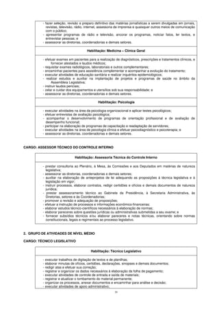 20
- fazer seleção, revisão e preparo definitivo das matérias jornalísticas a serem divulgadas em jornais,
revistas, televisão, rádio, internet, assessoria de imprensa e quaisquer outros meios de comunicação
com o público;
- apresentar programas de rádio e televisão, ancorar os programas, noticiar fatos, ler textos, e
entrevistar pessoas; e
- assessorar as diretorias, coordenadorias e demais setores.
Habilitação: Medicina – Clínica Geral
- efetuar exames em pacientes para a realização de diagnósticos, prescrições e tratamentos clínicos, e
fornecer atestados e laudos médicos;
- requisitar exames radiológicos, laboratoriais e outros complementares;
- encaminhar pacientes para assistência complementar e acompanhar a evolução do tratamento;
- executar atividades de educação sanitária e realizar inquéritos epidemiológicos;
- realizar estudos e auxiliar na implantação de projetos e programas de saúde no âmbito da
Assembleia Legislativa;
- instruir laudos periciais;
- zelar e cuidar dos equipamentos e utensílios sob sua responsabilidade; e
- assessorar as diretorias, coordenadorias e demais setores.
Habilitação: Psicologia
- executar atividades na área da psicologia organizacional e aplicar testes psicológicos;
- efetuar entrevistas de avaliação psicológica;
- acompanhar o desenvolvimento de programas de orientação profissional e de avaliação de
desempenho funcional;
- participar na elaboração de programas de capacitação e readaptação de servidores;
- executar atividades na área de psicologia clínica e efetuar psicodiagnóstico e psicoterapia; e
- assessorar as diretorias, coordenadorias e demais setores.
CARGO: ASSESSOR TÉCNICO DO CONTROLE INTERNO
Habilitação: Assessoria Técnica do Controle Interno
- prestar consultoria ao Plenário, à Mesa, às Comissões e aos Deputados em matérias de natureza
legislativa;
- assessorar as diretorias, coordenadorias e demais setores;
- auxiliar na elaboração de anteprojetos de lei adequando as proposições à técnica legislativa e à
legislação em vigor;
- instruir processos, elaborar contratos, redigir certidões e ofícios e demais documentos de natureza
jurídica;
- prestar assessoramento técnico ao Gabinete da Presidência, à Secretaria Administrativa, às
Diretorias, setores e às Coordenadorias;
- promover a revisão e adequação de proposições;
- efetuar a instrução de processos e informações econômico-financeiras;
- elaborar estudos técnico-científicos necessários à elaboração de normas;
- elaborar pareceres sobre questões jurídicas ou administrativas submetidas a seu exame; e
- fornecer subsídios técnicos e/ou elaborar pareceres e notas técnicas, orientando sobre normas
constitucionais, legais e regimentais ao processo legislativo.
2. GRUPO DE ATIVIDADES DE NÍVEL MÉDIO
CARGO: TÉCNICO LEGISLATIVO
Habilitação: Técnico Legislativo
- executar trabalhos de digitação de textos e de planilhas;
- elaborar minutas de ofícios, certidões, declarações, sinopses e demais documentos;
- redigir atas e efetuar sua correção;
- registrar e organizar os dados necessários à elaboração da folha de pagamento;
- executar atividades de controle de entrada e saída de materiais;
- registrar e atualizar o tombamento do material permanente;
- organizar os processos, anexar documentos e encaminhar para análise e decisão;
- executar atividades de apoio administrativo;
 