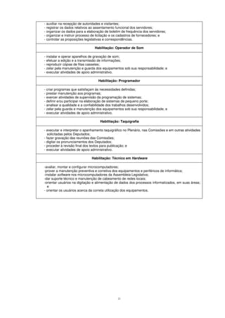 21
- auxiliar na recepção de autoridades e visitantes;
- registrar os dados relativos ao assentamento funcional dos servidores;
- organizar os dados para a elaboração de boletim de frequência dos servidores;
- organizar e instruir processo de licitação e os cadastros de fornecedores; e
- controlar as proposições legislativas e correspondências.
Habilitação: Operador de Som
- instalar e operar aparelhos de gravação de som;
- efetuar a edição e a transmissão de informações;
- reproduzir cópias de fitas cassetes;
- zelar pela manutenção e guarda dos equipamentos sob sua responsabilidade; e
- executar atividades de apoio administrativo.
Habilitação: Programador
- criar programas que satisfaçam às necessidades definidas;
- prestar manutenção aos programas;
- exercer atividades de supervisão da programação de sistemas;
- definir e/ou participar na elaboração de sistemas de pequeno porte;
- analisar a qualidade e a confiabilidade dos trabalhos desenvolvidos;
- zelar pela guarda e manutenção dos equipamentos sob sua responsabilidade; e
- executar atividades de apoio administrativo.
Habilitação: Taquigrafia
- executar e interpretar o apanhamento taquigráfico no Plenário, nas Comissões e em outras atividades
solicitadas pelos Deputados;
- fazer gravação das reuniões das Comissões;
- digitar os pronunciamentos dos Deputados;
- proceder à revisão final dos textos para publicação; e
- executar atividades de apoio administrativo.
Habilitação: Técnico em Hardware
-avaliar, montar e configurar microcomputadores;
-prover a manutenção preventiva e corretiva dos equipamentos e periféricos de informática;
-instalar software nos microcomputadores da Assembleia Legislativa;
-dar suporte técnico e manutenção de cabeamento de redes locais;
-orientar usuários na digitação e alimentação de dados dos processos informatizados, em suas áreas;
e
- orientar os usuários acerca da correta utilização dos equipamentos.
 