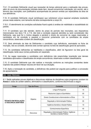 7.9.1. O candidato Deficiente visual que necessitar de tempo adicional para a realização das provas,
além do envio da documentação indicada deste item, deverá encaminhar solicitação, por escrito, até o
término das inscrições, com justificativa acompanhada de parecer emitido por especialista da área de
sua deficiência.

7.10. O candidato Deficiente visual (amblíopes) que solicitarem prova especial ampliada receberão
provas neste sistema, com tamanho de letra correspondente a corpo 24.

7.10.1. O atendimento às condições solicitadas ficará sujeito à análise de viabilidade e razoabilidade do
pedido.

7.11. O candidato que não atender, dentro do prazo do período das inscrições, aos dispositivos
mencionados nos itens 7.8. e 7.9, não terá a condição especial atendida ou será considerado não
Deficiente, seja qual for o motivo alegado e perderá o direito de concorrer às vagas reservadas a
candidatos em tal condição e passará a concorrer juntamente com os candidatos de ampla
concorrência, observada a ordem de classificação.

7.12. Será eliminado da lista de Deficientes o candidato cuja deficiência, assinalada na ficha de
inscrição, não se constate, devendo este constar apenas na lista de classificação geral de aprovados.

7.13. Os candidatos deficientes se habilitados e classificados, além de figurarem na lista geral de
classificação, terão seus nomes publicados em separado.

7.14. As vagas reservadas a candidatos com deficiência não preenchidas reverterão aos demais
candidatos aprovados e classificados de ampla concorrência, observada a ordem classificatória.

7.15. O candidato Deficiente que não realizar a inscrição conforme as instruções constantes deste
Capítulo não poderá interpor recurso em favor de sua situação.

7.16. Após a nomeação do candidato, a deficiência não poderá ser arguida para justificar a concessão
de aposentadoria.

VIII - DAS PROVAS

8.1. Serão aplicadas provas objetivas e discursivas relativas às disciplinas cujos programas constam do
Anexo I, todas de caráter seletivo, eliminatório e classificatório, conforme discriminado a seguir:

           Cargo               Tipo de Prova                        Conteúdo                        Nº de Itens

                                                               Língua Portuguesa                        10

                                                        Raciocínio Lógico e Quantitativo                05

                                                  Direito Constitucional e Administrativo e Ética       10
                                  Objetiva
 TÉCNICO EM REGULAÇÃO                                  Regulação e Administração Pública                05
 E VIGILÂNCIA SANITÁRIA
                                                      Vigilância Sanitária e Saúde Pública              10

                                                           Conhecimentos Específicos                    40

                                                  Regulação e Administração Pública; Vigilância
                                 Discursiva                                                             1
                                                           Sanitária e Saúde Pública




                                                                                                                  12
 