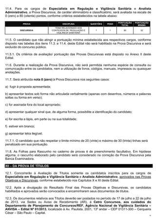11.4. Para os cargos de Especialista em Regulação e Vigilância Sanitária e Analista
Administrativo, a Prova Discursiva, de caráter eliminatório e classificatório, será avaliada na escala de
0 (zero) a 80 (oitenta) pontos, conforme critérios estabelecidos na tabela abaixo:

                                                                                 PONTUAÇÃO     PONTUAÇÃO
             PROVA                          DISCIPLINA         QUESTÕES   PESO
                                                                                   TOTAL         MÍNIMA
                                     TEMA RELACIONADO AOS
           DISCURSIVA              CONTEÚDOS DE “REGULAÇÃO E      1        1         80           32
                                      VIGILÂNCIA SANITÁRIA”


11.5. O candidato que não atingir a pontuação mínima estabelecida aos respectivos cargos, conforme
disposto nas tabelas dos itens 11.3. e 11.4. deste Edital não será habilitado na Prova Discursiva e será
excluído do concurso público.

11.5.1. Os critérios de avaliação/ pontuação das Provas Discursivas está disposto no Anexo II deste
Edital.

11.6. Durante a realização da Prova Discursiva, não será permitida nenhuma espécie de consulta ou
comunicação entre os candidatos, nem a utilização de livros, códigos, manuais, impressos ou quaisquer
anotações.

11.7. Será atribuída nota 0 (zero) à Prova Discursiva nos seguintes casos:

a) fugir à proposta apresentada;

b) apresentar textos sob forma não articulada verbalmente (apenas com desenhos, números e palavras
soltas ou forma em verso);

c) for assinada fora do local apropriado;

d) apresentar qualquer sinal que, de alguma forma, possibilite a identificação do candidato;

e) for escrita a lápis, em parte ou na sua totalidade;

f) estiver em branco;

g) apresentar letra ilegível;

11.7.1. O candidato que não respeitar o limite mínimo de 20 (vinte) e máximo de 30 (trinta) linhas será
penalizado em sua pontuação.

11.8. As Folhas para Rascunho no caderno de provas é de preenchimento facultativo. Em hipótese
alguma, o rascunho elaborado pelo candidato será considerado na correção da Prova Discursiva pela
Banca Examinadora.

XII – DA PROVA DE TÍTULOS

12.1. Concorrerão à Avaliação de Títulos somente os candidatos inscritos para os cargos de
Especialista em Regulação e Vigilância Sanitária e Analista Administrativo, aprovados nas Provas
Objetivas e Discursivas, conforme estabelecido nos Capítulos X e XI deste Edital.

12.2. Após a divulgação do Resultado Final das Provas Objetivas e Discursivas, os candidatos
habilitados e aprovados serão convocados a encaminharem seus documentos de títulos.

12.3. Os documentos relativos aos Títulos deverão ser postados no período de 17 de julho a 22 de julho
de 2013, via Sedex ou Aviso de Recebimento (AR), à Cetro Concursos, aos cuidados do
Departamento de Planejamento de Concursos/REF. Agência Nacional de Vigilância Sanitária –
ANVISA – Edital Nº 01/2013, localizado à Av. Paulista, 2001, 13º andar – CEP 01311-300 – Cerqueira
César – São Paulo – Capital.
                                                                                                           20
 