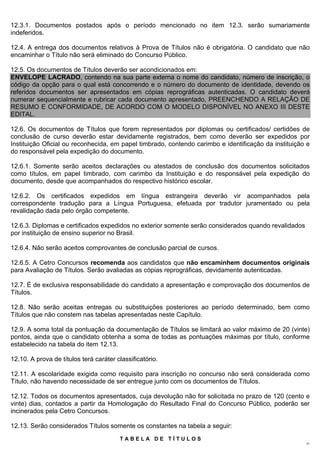 12.3.1. Documentos postados após o período mencionado no item 12.3. serão sumariamente
indeferidos.

12.4. A entrega dos documentos relativos à Prova de Títulos não é obrigatória. O candidato que não
encaminhar o Título não será eliminado do Concurso Público.

12.5. Os documentos de Títulos deverão ser acondicionados em:
ENVELOPE LACRADO, contendo na sua parte externa o nome do candidato, número de inscrição, o
código da opção para o qual está concorrendo e o número do documento de identidade, devendo os
referidos documentos ser apresentados em cópias reprográficas autenticadas. O candidato deverá
numerar sequencialmente e rubricar cada documento apresentado, PREENCHENDO A RELAÇÃO DE
RESUMO E CONFORMIDADE, DE ACORDO COM O MODELO DISPONÍVEL NO ANEXO III DESTE
EDITAL.

12.6. Os documentos de Títulos que forem representados por diplomas ou certificados/ certidões de
conclusão de curso deverão estar devidamente registrados, bem como deverão ser expedidos por
Instituição Oficial ou reconhecida, em papel timbrado, contendo carimbo e identificação da instituição e
do responsável pela expedição do documento.

12.6.1. Somente serão aceitos declarações ou atestados de conclusão dos documentos solicitados
como títulos, em papel timbrado, com carimbo da Instituição e do responsável pela expedição do
documento, desde que acompanhados do respectivo histórico escolar.

12.6.2. Os certificados expedidos em língua estrangeira deverão vir acompanhados pela
correspondente tradução para a Língua Portuguesa, efetuada por tradutor juramentado ou pela
revalidação dada pelo órgão competente.

12.6.3. Diplomas e certificados expedidos no exterior somente serão considerados quando revalidados
por instituição de ensino superior no Brasil.

12.6.4. Não serão aceitos comprovantes de conclusão parcial de cursos.

12.6.5. A Cetro Concursos recomenda aos candidatos que não encaminhem documentos originais
para Avaliação de Títulos. Serão avaliadas as cópias reprográficas, devidamente autenticadas.

12.7. É de exclusiva responsabilidade do candidato a apresentação e comprovação dos documentos de
Títulos.

12.8. Não serão aceitas entregas ou substituições posteriores ao período determinado, bem como
Títulos que não constem nas tabelas apresentadas neste Capítulo.

12.9. A soma total da pontuação da documentação de Títulos se limitará ao valor máximo de 20 (vinte)
pontos, ainda que o candidato obtenha a soma de todas as pontuações máximas por título, conforme
estabelecido na tabela do item 12.13.

12.10. A prova de títulos terá caráter classificatório.

12.11. A escolaridade exigida como requisito para inscrição no concurso não será considerada como
Título, não havendo necessidade de ser entregue junto com os documentos de Títulos.

12.12. Todos os documentos apresentados, cuja devolução não for solicitada no prazo de 120 (cento e
vinte) dias, contados a partir da Homologação do Resultado Final do Concurso Público, poderão ser
incinerados pela Cetro Concursos.

12.13. Serão considerados Títulos somente os constantes na tabela a seguir:
                                        TABELA DE TÍTULOS
                                                                                                      21
 
