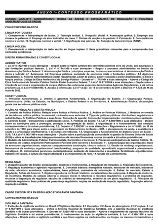 ANEXO I–CONTEÚDO PROGRAMÁTICO
CARGOS: ANALISTA ADMINISTRATIVO               (TODAS     AS   ÁREAS)     E   ESPECIALISTA     EM    REGULAÇÃO       E   VIGILÂNCIA
SANITÁRIA(TODAS AS ÁREAS)

CONHECIMENTOS BÁSICOS

LÍNGUA PORTUGUESA
1. Compreensão e interpretação de textos. 2. Tipologia textual. 3. Ortografia oficial. 4. Acentuação gráfica. 5. Emprego das
classes de palavras. 6. Emprego do sinal indicativo de crase. 7. Sintaxe da oração e do período. 8. Pontuação. 9. Concordâncias
nominal e verbal. 10. Regências nominal e verbal. 11. Significação das palavras. 12. Redação de textos técnicos (ABNT).

LÍNGUA INGLESA
1. Compreensão e interpretação de texto escrito em língua inglesa. 2. Itens gramaticais relevantes para a compreensão dos
conteúdos semânticos.

DIREITO ADMINISTRATIVO E CONSTITUCIONAL

ADMINISTRATIVO
1. Lei nº 8.112/1990 e suas alterações – Dispõe sobre o regime jurídico dos servidores públicos civis da União, das autarquias e
das fundações públicas federais. 2. Lei nº 9.784/1999 e suas alterações – Regula o processo administrativo no âmbito da
Administração Pública Federal. 3. Administração Pública: princípios, espécies, formas e características. 4. Administração Pública
direta e indireta; 4.1 Autarquias; 4.2 Empresas públicas, sociedade de economia mista e fundações públicas; 4.3 Agências
Reguladoras. 5. Poderes Administrativos: poder regulamentar, poder de polícia, poder vinculado e poder discricionário. 6. Ética e
função pública: Código de Ética Profissional do Serviço Público – Decreto nº 1.171/1994 e suas alterações – Aprova o Código de
Ética Profissional do Servidor Público Civil do Poder Executivo Federal. 7. Lei nº 10.871/2004 e suas alterações – Dispõe sobre a
criação de carreiras e organização de cargos efetivos das autarquias especiais denominadas Agências Reguladoras, e dá outras
providências. 8. Lei nº 8.666/1993. 9. Acesso à informação: Lei nº 12.527, de 18 de novembro de 2011 e Decreto nº 7.724, de 16 de
maio de 2012.

CONSTITUCIONAL
1. Princípios fundamentais. 2. Direitos e garantias fundamentais. 3. Organização do Estado; 3.1 Organização Político-
Administrativa: União, os Estados, os Municípios, o Distrito Federal e os Territórios. 4. Administração Pública: disposições
gerais dos servidores públicos civis.

POLÍTICAS PÚBLICAS E GESTÃO PÚBLICA
1. Conceito de Política Pública. Relação entre Política e Política Pública. 2. Análise de Políticas Públicas. 3. Modelos de tomada
de decisão em política pública: incremental, racional e suas variantes. 4. Tipos de políticas públicas: distributivas, regulatórias e
redistributivas. 5. Políticas Públicas e suas fases: formação da agenda; formulação; implementação; monitoramento e avaliação.
6. Controle Social – transparência e participação social. 7. Políticas de Saúde; 7.1. Lei nº 8.080/1990 e suas alterações – Dispõe
sobre as condições para a promoção, proteção e recuperação da saúde, a organização e o funcionamento dos serviços
correspondentes e dá outras providências; 7.2. Decreto nº 7.508/2011 e suas alterações – Regulamenta a Lei nº 8.080, de 19 de
setembro de 1990, para dispor sobre a organização do Sistema Único de Saúde – SUS, o planejamento da saúde, a assistência à
saúde e a articulação interfederativa, e dá outras providências; 7.3. Organização e funcionamento do Sistema Único de Saúde –
SUS; 7.4. Lei nº 8.142/1990 e suas alterações – Dispõe sobre a participação da comunidade na gestão do Sistema Único de Saúde
(SUS} e sobre as transferências intergovernamentais de recursos financeiros na área da saúde e dá outras providências.
8. Modelos de Administração Pública: Patrimonialista, Burocrático e Gerencial. 9. Processos participativos de Gestão Pública. 10.
Conselhos de Gestão, Orçamento Participativo e Parceria entre Governo e Sociedade. 11. Caracterização das organizações: tipos
de estruturas organizacionais, aspectos comportamentais (motivação, clima e cultura). 12. Gestão da mudança organizacional:
ferramentas de mudança organizacional: benchmarking, programa de qualidade, aprendizado organizacional e planejamento
estratégico. 13. Instrumentos gerenciais contemporâneos: avaliação de desempenho e resultados, flexibilidade organizacional,
trabalho em equipe, a cultura da responsabilidade e os mecanismos de rede. 14. Gestão do Conhecimento.


REGULAÇÃO
1. O papel regulador do Estado: pressupostos, objetivos e instrumentos. 2. Regulação de mercados. 3. Regulação dos Incentivos.
4. Regulação econômica e agências reguladoras. 5. Conceitos básicos: monopólios naturais, estruturas de mercado, indústrias
de rede, eficiência econômica, externalidades, bens públicos, assimetria de informação. 6. Falhas de mercado; Estado e
Regulação; Falhas de Governo. 7. Órgãos reguladores no Brasil: histórico, características das autarquias. 8. Regulação moderna,
de incentivos. Modelos de seleção adversa e prejuízo moral. 9. Objetivos e recursos regulatórios: o problema do regulador,
recursos à disposição do regulador, escolha de critérios de desempenho, desenho de um plano regulatório. 10. Princípios de
qualidade regulatória, boas práticas de governança regulatória, noções de avaliação de impacto regulatório. Regulação setorial:
regulação sanitária.


CARGO ESPECIALISTA EM REGULAÇÃO E VIGILÂNCIA SANITÁRIA

CONHECIMENTOS BÁSICOS

VIGILÂNCIA SANITÁRIA
1. Evolução da vigilância sanitária no Brasil. 2.Vigilância Sanitária; 2.1 Conceitos; 2.2 Áreas de abrangência; 2.3 Funções. 3. Lei
nº 9.782/1999 e suas alterações – Define o Sistema Nacional de Vigilância Sanitária, cria a Agência Nacional de Vigilância
Sanitária e dá outras providências. 4. Decreto nº 3.029/1999 e suas alterações – Aprova o regulamento da Agência Nacional de
Vigilância Sanitária e dá outras providências. 5. Instrumentos de ação da vigilância sanitária. 6. Lei nº 6.360/1976 e suas
alterações – Dispõe sobre a vigilância sanitária a que ficam sujeitos os medicamentos, as drogas, os insumos farmacêuticos e
                                                                                                                                   28
 