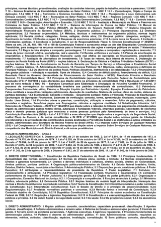 princípios, normas técnicas, procedimentos, avaliação de controles internos, papéis de trabalho, relatórios e pareceres; 1.5 NBC
T 16 – Normas Brasileiras de Contabilidade Aplicadas ao Setor Público; 1.5.1 NBC T 16.1 – Conceituação, Objeto e Campo de
Aplicação; 1.5.2 NBC T 16.2 – Patrimônio e Sistemas Contábeis; 1.5.3 NBC T 16.3 – Planejamento e seus Instrumentos sob
Enfoque contábil; 1.5.4 NBC T 16.4 – Transações no Setor Público; 1.5.5 NBC T 16.5 – Registro Contábil; 1.5.6 NBC T 16.6 –
Demonstrações Contábeis; 1.5.7 NBC T 16.7 – Consolidação das Demonstrações Contábeis; 1.5.8 NBC T 16.8 – Controle Interno;
1.5.9 NBC T 16.9 – Depreciação, Amortização e Exaustão; 1.5.10 NBC T 16.10 – Avaliação e Mensuração de Ativos e Passivos em
Entidades do Setor Público; 1.5.12 NBC T 16.11 – Sistema de Informação de Custos do Setor Público; 1.6 Manual de
Contabilidade Aplicada ao Setor Público (MCASP), da Secretaria do Tesouro Nacional (STN); 1.7 Sistema Integrado de
Administração Financeira do Governo Federal (SIAFI). 2 Orçamento público; 2.1 Princípios orçamentários; 2.2 Diretrizes
orçamentárias; 2.3 Processo orçamentário; 2.4 Métodos, técnicas e instrumentos do orçamento público; normas legais
aplicáveis; 2.5 Receita pública: categorias, fontes, estágios; dívida ativa; 2.6 Despesa pública: categorias, estágios; 2.7
Suprimento de fundos; 2.8 Restos a pagar; 2.9 Despesas de exercícios anteriores; 2.10 A conta única do Tesouro. 3 Licitação e
contratações públicas. 4 Convênios e congêneres. 5 Lei de Responsabilidade Fiscal. 6. Emenda Constitucional nº 29/2000 –
Altera os arts. 34, 35, 156, 160, 167 e 198 da Constituição Federal e acrescenta artigo ao Ato das Disposições Constitucionais
Transitórias, para assegurar os recursos mínimos para o financiamento das ações e serviços públicos de saúde. 7 Matemática
financeira; 7.1 Regra de três simples e composta, percentagens; 7.2 Juros simples e compostos: capitalização e desconto; 7.3
Taxas de juros: nominal, efetiva, equivalentes, real e aparente; 7.4 Rendas uniformes e variáveis; 7.5 Planos de amortização de
empréstimos e financiamentos; 7.6 Cálculo financeiro: custo real efetivo de operações de financiamento, empréstimo e
investimento; 7.7 Avaliação de alternativas de investimento; 7.8 Taxas de retorno, taxa interna de retorno. 8. Declaração de
Imposto de Renda Retido na Fonte (DIRF) – noções básicas. 9. Declaração de Débitos e Créditos Tributários Federais (DCTF) –
noções básicas. 10. Guia de Recolhimento do Fundo de Garantia por Tempo de Serviço e Informações à Previdência Social
(GFIP) – noções básicas. 11. Administração financeira. 12. Finanças Públicas; 12.1 Objetivos, metas, abrangência e definição de
Finanças Públicas; 12.2 Os objetivos da política fiscal. Políticas alocativas, distributivas e de estabilização; 12.3 O financiamento
dos gastos públicos – tributação e equidade. Tipos de tributos; 12.4 Conceito de déficit público; financiamento do déficit; 12.5
Resultado Fiscal do Governo (Necessidade de Financiamento do Setor Público – NFSP): Resultado Primário e Resultado
Nominal. 13 Contabilidade Geral; 13.1 Princípios de Contabilidade (aprovados pelo Conselho Federal de Contabilidade pela
Resolução CFC nº 750/1993 e suas alterações que dispõe sobre os princípios de contabilidade (PC) e Resolução nº 1.374/2011
que dá nova redação à NBC TG – Estrutura Conceitual para Elaboração e Divulgação de Relatório Contábil-Financeiro). O
processo de convergência da contabilidade brasileira aos padrões internacionais de contabilidade; 13.2 Patrimônio:
Componentes Patrimoniais: Ativo, Passivo e Situação Líquida (ou Patrimônio Líquido). Equação Fundamental do Patrimônio.
Fatos contábeis e respectivas variações patrimoniais. Apuração de resultados. Sistema de contas; plano de contas, sistema de
partidas dobradas; 13.3 Escrituração: Conceito e métodos – lançamento contábil: Rotina e Fórmulas; Processo de Escrituração;
Escrituração de Operações Financeiras. Balancete de verificação: conceito, forma, apresentação, finalidade, elaboração. Livro
Razão. Livro Diário; 13.4 Provisões ativas e passivas, constituição, utilização e reversões, folha de pagamento, cálculos,
provisões e registros, Benefícios pagos aos Empregados, cálculos e registros contábeis. 14 Substituição tributária; 14.1
Retenções de Tributos Federais – IN RFB nº 1234/2012 que dispõe sobre a retenção de tributos nos pagamentos efetuados pelos
órgãos da administração pública federal direta, autarquias e fundações federais, empresas públicas, sociedades de economia
mista e demais pessoas jurídicas que menciona a outras pessoas jurídicas pelo fornecimento de bens e serviços; 14.2
Contribuição Previdenciária (INSS) – Lei nº 8.212/1991 e suas alterações que dispõe sobre a organização da Seguridade Social,
institui Plano de Custeio, e dá outras providências e IN RFB nº 971/2009 que dispõe sobre normas gerais de tributação
previdenciária e de arrecadação das contribuições sociais destinadas à Previdência Social e as destinadas a outras entidades ou
fundos, administradas pela Secretaria da Receita Federal do Brasil (RFB); 14.3 Imposto sobre Serviços de Qualquer Natureza
(ISS) – Lei Complementar nº 116/2003 e suas alterações que dispõe sobre o Imposto Sobre Serviços de Qualquer Natureza, de
competência dos Municípios e do Distrito Federal, e dá outras providências.

ANALISTA ADMINISTRATIVO – ÁREA 3
1. LEGISLAÇÃO ESPECÍFICA: 1. Decreto-Lei nº 986, de 21 de outubro de 1969. 2. Lei nº 5.991, de 17 de dezembro de 1973, e
Decreto nº 74.170, de 10 de junho de 1974. 3. Lei nº 6.259, de 30 de outubro de 1975. 4. Lei nº 6.360, de 23 de setembro de 1976, e
Decreto nº 79.094, de 05 de janeiro de 1977. 5. Lei nº 6.437, de 20 de agosto de 1977. 6. Lei nº 7.802, de 11 de julho de 1989, e
Decreto nº 4.074, de 04 de janeiro de 2002. 7. Lei nº 9.294, de 15 de julho de 1996, e Decreto nº 2.018, de 1º de outubro de 1996. 8.
Lei nº 9.782, de 26 de janeiro de 1999, e Decreto nº 3.029, de 16 de abril de 1999. 9. Lei nº 10.603, de 17 de dezembro de 2002. 10.
Lei nº 11.343, de 23 de agosto de 2006, e Decreto nº 5.912, de 27 de setembro de 2006. 11. Lei nº 11.903, de 14 de janeiro de 2009.

2. DIREITO CONSTITUCIONAL: 1 Constituição da República Federativa do Brasil de 1988. 1.1 Princípios fundamentais. 2
Aplicabilidade das normas constitucionais; 2.1 Normas de eficácia plena, contida e limitada; 2.2 Normas programáticas. 3
Direitos e garantias fundamentais; 3.1 Direitos e deveres individuais e coletivos, direitos sociais, direitos de nacionalidade,
direitos políticos, partidos políticos. 4 Organização político-administrativa do Estado; 4.1 Estado federal brasileiro, União,
Estados, Distrito Federal, municípios e territórios. 5 Administração Pública; 5.1 Disposições gerais, servidores públicos. 6 Poder
Executivo; 6.1 Atribuições e responsabilidades do presidente da República. 7 Poder Legislativo; 7.1 Estrutura; 7.2
Funcionamento e atribuições; 7.3 Processo legislativo; 7.4 Fiscalização contábil, financeira e orçamentária; 7.5 Comissões
parlamentares de inquérito. 8 Poder Judiciário; 8.1 Disposições gerais; 8.2 Órgãos do poder judiciário; 8.2.1 Organização e
competências, Conselho Nacional de Justiça; 8.2.1.1 Composição e competências. 9 Funções essenciais à justiça; 9.1 Ministério
Público, advocacia pública; 9.2 Defensoria Pública. 9.2.1 Noções básicas do modelo legal de interpretação, hierarquia das
normas e Direito Constitucional da produção normativa; 9.2.2 Teoria da Constituição; 9.2.3 Constitucionalismo e poder normativo
da Constituição; 9.2.4 Interpretação constitucional; 9.2.5 O Estado de Direito e o princípio da proporcionalidade; 9.2.6
Regulamentação; 9.2.7 Provisões normativas positivas e concretas; 9.2.8 Revisão formal e informal da Constituição; 9.2.9
Conteúdo objetivo da Constituição; 9.2.10 Dogmática Constitucional; 9.2.11 Princípios da ordem econômica na Constituição
Federal de 1988; 9.2.12. Regulação e Agências Reguladoras; 9.2.13 A Constituição e a execução/regulamentação dos serviços
públicos e privados. 9.3 Da ordem Social e da seguridade social; 9.3.1 Da saúde; 9.3.2 Da previdência social; 9.3.3 Da assistência
social.

3. DIREITO ADMINISTRATIVO: 1 Órgãos públicos: conceito, características, capacidade processual, classificação. 2 Agentes
públicos: classificação. 3 Reforma administrativa e terceiro setor. 4 Reforma do Estado e administração gerencial. 5 Contrato de
gestão. 6 Terceiro setor: as entidades paraestatais. 7 Agências executivas. 8 Agências reguladoras. 9 Princípios fundamentais da
administração pública. 10 Poderes e deveres do administrador público. 11 Atos Administrativos: conceito, requisitos ou
elementos, méritos, atributos, classificação, espécies, invalidação, convalidação. 12 Bens públicos: conceito, classificação,
                                                                                                                                   30
 