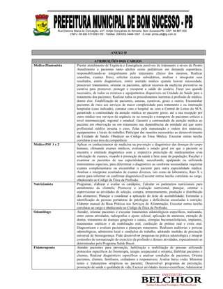 Rua Etelvina Maria da Conceição, s/nº, Antão Gonçalves de Almeida, Bom Sucesso/PB. CEP: 58.887-000
CNPJ: 08.920.571/0001-56 - Telefax: (0XX83) 3448-1007 - E-mail: pmbs.pb@ig.com.br
ANEXO II
ATRIBUIÇÕES DOS CARGOS
Médico Plantonista Prestar atendimento de Urgência e Emergência passíveis de tratamento a níveis de Pronto
Atendimento a pacientes tanto adultos como pediátricos em demanda espontânea,
responsabilizando-se integralmente pelo tratamento clínico dos mesmos; Realizar
consultas, exames físico, solicitar exames subsidiários, analisar e interpretar seus
resultados, emitir diagnósticos, emitir atestado médico quando houver necessidade,
prescrever tratamentos, orientar os pacientes, aplicar recursos da medicina preventiva ou
curativa para promover, proteger e recuperar a saúde do usuário; Fazer uso quando
necessário, de todos os recursos e equipamentos disponíveis na Unidade de Saúde para o
tratamento dos pacientes; Realizar todos os procedimentos inerentes à profissão de médico,
dentre eles: Estabilização de pacientes, suturas, curativos, gesso e outros; Encaminhar
pacientes de risco aos serviços de maior complexidade para tratamento e ou internação
hospitalar (caso indicado), contatar com o hospital ou com a Central de Leitos do SUS,
garantindo a continuidade da atenção médica ao paciente grave, até a sua recepção por
outro médico nos serviços de urgência ou na remoção e transporte de pacientes críticos a
nível intermunicipal, regional e estadual. Garantir a continuidade da atenção médica ao
paciente em observação ou em tratamento nas dependências da entidade até que outro
profissional médico assuma o caso; Zelar pela manutenção e ordem dos materiais,
equipamentos e locais de trabalho; Participar das reuniões necessárias ao desenvolvimento
da Unidade de Saúde; Obedecer ao Código de Ética Médica. Executar outras tarefas
correlatas à sua área de competência
Médico PSF 1 e 2 Aplicar os conhecimentos de medicina na prevenção e diagnóstico das doenças do corpo
humano, efetuando exames médicos, avaliando o estado geral em que o paciente se
encontra e emitindo diagnóstico com a respectiva prescrição de medicamentos e/ou
solicitação de exames, visando à promoção da saúde e bem estar da população; Receber e
examinar os pacientes de sua especialidade, auscultando, apalpando ou utilizando
instrumentos especiais, para determinar o diagnóstico ou conforme necessidades requisitar
exames complementares ou encaminhar o paciente para outra especialidade médica;
Analisar e interpretar resultados de exames diversos, tais como de laboratório, Raio X e
outros para informar ou confirmar diagnóstico;Executar outras tarefas correlatas ao cargo,
obedecendo ao Código de Ética da Profissão.
Nutricionista Programar, elaborar e avaliar os cardápios; Calcular os parâmetros nutricionais para
atendimento da clientela; Promover a avaliação nutricional, planejar, orientar e
supervisionar as atividades de seleção, compra, armazenamento, produção e distribuição
dos alimentos; Planejar e coordenar a aplicação do teste de aceitabilidade; Estimular a
identificação de pessoas portadoras de patologias e deficiências associadas à nutrição;
Elaborar manual de Boas Práticas nos Serviços de Alimentação; Executar outras tarefas
correlatas ao cargo e obedecendo ao Código de Ética da Profissão.
Odontólogo Atender, orientar pacientes e executar tratamentos odontológicos específicos, realizando,
entre outras atividades, radiografias e ajuste oclusal, aplicação de anestesia, extração de
dentes, tratamento de doenças gengivais e canais, cirurgias bucomaxilofaciais, implantes,
tratamentos estéticos e de reabilitação oral, confecção de prótese oral e extra oral.
Diagnosticam e avaliam pacientes e planejam tratamento. Realizam auditorias e perícias
odontológicas, administra local e condições de trabalho, adotando medidas de precaução
universal de biossegurança. Pode desenvolver pesquisas na prática odontológica e integrar
comissões de normatização do exercício da profissão e demais atividades, especialmente as
determinadas pelo Programa Saúde Bucal.
Fisioterapeuta Atender pacientes para prevenção, habilitação e reabilitação de pessoas utilizando
protocolos específicos de fisioterapia, terapia ocupacional e ortoptia; Habilitar pacientes e
clientes; Realizar diagnósticos específicos e analisar condições de pacientes; Orienta
pacientes, clientes, familiares, cuidadores e responsáveis; Avaliar baixa visão; Ministrar
testes e tratamentos ortópticos no paciente; Desenvolver programas de prevenção,
promoção de saúde e qualidade de vida; Exercer atividades técnico-científicas; Administrar
 