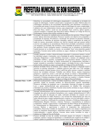 Rua Etelvina Maria da Conceição, s/nº, Antão Gonçalves de Almeida, Bom Sucesso/PB. CEP: 58.887-000
CNPJ: 08.920.571/0001-56 - Telefax: (0XX83) 3448-1007 - E-mail: pmbs.pb@ig.com.br
Identificar as necessidades de enfermagem, programando e coordenando as atividades da
equipe de enfermagem, visando à preservação e recuperação da saúde; Elaborar plano de
enfermagem, baseando-se nas necessidades identificadas, para determinar a assistência a
ser prestada pela equipe; Executar diversas tarefas de enfermagem de maior complexidade,
valendo-se de seus conhecimentos técnicos, para proporcionar o maior grau possível de
bem estar físico, mental e social aos seus pacientes; Fazer curativos, aplicar injeções,
ministrar remédios e responder pela observância médica; Obedecer ao Código de Ética da
Enfermagem; Executa outras tarefas correlatas ao cargo.
Assistente Social – CAPS Investigar e dar parecer às condições psico-socioeconômica dos pacientes; Efetuar triagem
social; Aplicar entrevistas individuais; Promover reuniões com objetivos de acompanhar a
recuperação do paciente; Providenciar a localização dos parentes de pacientes internado;
Conscientizar os familiares de pacientes internados, quanto à recuperação do estado de
saúde do mesmo, procurando confortar e/ou fazê-los entender para que possam melhor
conviver e/ou adaptar-se às circunstâncias; Desenvolver atividades socioculturais visando
sua integração na sociedade; Dar assistência, com a finalidade de promover a socialização
dos pacientes; Prestar orientações quanto à assistência que os portadores de deficiência
mental precisam ter na família, na escola e na sociedade; Fazer visita domiciliar quando
necessário; Executar outras tarefas correlatas ao cargo e obedecer ao Código de Ética da
Profissão.
Psicólogo – CAPS Estudar, pesquisar e avaliar o desenvolvimento emocional e os processos mentais e sociais
de indivíduos, grupos e instituições, com a finalidade de análise, tratamento, orientação e
educação; Diagnosticar e avaliar distúrbios emocionais e mentais e de adaptação social,
elucidando conflitos e questões, acompanhando o(s) paciente(s) durante o processo de
tratamento ou cura; Investigar os fatores inconscientes do comportamento individual e
grupal, tornando-os conscientes; Coordenar equipes e atividades de área e afins; Executar
outras tarefas correlatas ao cargo e corresponder ao Código de Ética da Profissão.
Pedagogo – CAPS Realizar atividades físicas ou artísticas, com o objetivo de favorecer a integração social e
devolver ao paciente autonomia e condições possíveis para lidar com a sua realidade;
Buscar recuperar a função humana, elevar o perfil das ações motoras e mentais e reabilitar
através das atividades (oficinas); Trabalhar com déficits físicos, mentais (transtornos
psíquicos e cognitivos), sociais e com tudo que discute ou ameace a funcionalidade do
homem, para que este não seja excluído da sociedade; Realizar visitas domiciliares quando
necessário; Coordenar programas de ação social junto aos usuários e a família; Executar
outras tarefas correlatas ao cargo e obedecer ao Código de Ética da Profissão.
Educador Físico – CAPS Participar de planejamento e realizar atividades terapêuticas, culturais e recreativas com os
pacientes; Ajudar na recreação aeróbica, de desenvolvimento espacial, lateralidade;
Promover atividades de integração com a comunidade; Participar de grupos de estudos
com a equipe multiprofissional para aprimoramento do trabalho; Dar orientações
individuais aos usuários e familiares; Executar outras tarefas correlatas ao cargo e obedecer
ao Código de Ética da Profissão.
Farmacêutico – CAPS Interagir sistematicamente com os demais profissionais da unidade de saúde, articulando a
integração das ações de assistência farmacêutica com a equipe multiprofissional d CAPS;
Auxiliar nas ações de educação em saúde, realizando atividades em conjunto com os
demais profissionais de saúde; Promover o uso racional dos medicamentos por meio de
ações educativas para a equipe multiprofissional e usuários, em nível individual e coletivo;
Divulgar e incentivar a notificação de ocorrências referentes a Problemas Relacionados a
Medicamentos (Reações Adversas e Queixas Técnicas) e encaminhá-las às instâncias
competentes; Atender e supervisionar o cumprimento das Boas Práticas de Recebimento e
de Armazenamento de Medicamentos, de modo a manter a qualidade e eficácia dos
mesmos; Realizar e supervisionar o controle de temperatura dos medicamentos
termolábeis; Desenvolver trabalho de orientação ao usuário com relação à importância da
adesão ao tratamento farmacológico, enfatizando aspectos como posologias, precauções,
contra-indicações e reações adversas; Executar outras tarefas correlatas ao cargo e
obedecer ao Código de Ética da Profissão.
Cozinheiro – CAPS Exercer atividade na área de cozinha envolvendo preparo de refeições e alimentos,
separação, controle e estoque de ingredientes e o atendimento das exigências do cardápio e
manter o padrão de qualidade do serviço; Executar outras tarefas correlatas ao cargo.
 