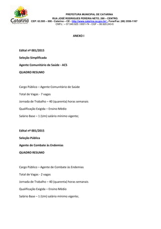 PREFEITURA MUNICIPAL DE CATARINA
RUA JOSÉ RODRIGUES PEREIRA NETO, 280 – CENTRO.
CEP: 63.595 – 000 - Catarina – CE - http://www.catarina.ce.gov.br/ - Fone/Fax: (88) 3556-1167
CNPJ.: – 07.540.925  0001-74 - CGF – 06.920.243-5
ANEXO I
Edital nº 001/2015
Seleção Simplificada
Agente Comunitário de Saúde - ACS
QUADRO RESUMO
Cargo Público – Agente Comunitário de Saúde
Total de Vagas - 7 vagas
Jornada de Trabalho – 40 (quarenta) horas semanais
Qualificação Exigida – Ensino Médio
Salário Base – 1 (Um) salário mínimo vigente;
Edital nº 001/2015
Seleção Pública
Agente de Combate às Endemias
QUADRO RESUMO
Cargo Público – Agente de Combate às Endemias
Total de Vagas - 2 vagas
Jornada de Trabalho – 40 (quarenta) horas semanais
Qualificação Exigida – Ensino Médio
Salário Base – 1 (Um) salário mínimo vigente;
 