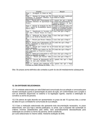Obs: Os prazos acima definidos são contados a partir do dia útil imediatamente subsequente.




12. DA ENTIDADE SELECIONADA:

12.1 A entidade selecionada por este Edital será comunicada da sua seleção e convocada para
receber orientação quanto à apresentação do plano de ação, em conformidade com o projeto e
com as diretrizes disponíveis no sistema e na legislação vigente, visando à celebração do
convênio ou termo de parceria.

12.2 Os planos de ação deverão ser apresentados no prazo de até 15 (quinze) dias, a contar
da data em que a entidade for comunicada de sua seleção.

12.3 Caso a instituição selecionada não apresente toda documentação necessária, no prazo
determinado, sem que haja a devida justificativa, ou ainda, que a proposta não contemple os
critérios mínimos estabelecidos pela (SAS), será automaticamente desclassificada para
celebração do convênio ou termo de parceria, sendo substituída
por outra selecionada no mesmo edital, mediante avaliação da SAS.
 