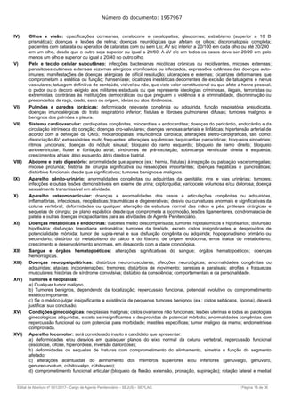 Número do documento: 1957967
IV) Olhos e visão: opacificações corneanas, ceratocone e ceratopatias; glaucomas; estrabismo (superior a 10 D
prismática); doenças e lesões de retina; doenças neurológicas que afetam os olhos; discromatopsia completa;
pacientes com catarata ou operados de cataratas com ou sem Lio; AV s/c inferior a 20/100 em cada olho ou até 20/200
em um olho, desde que o outro seja superior ou igual a 20/60, A AV c/c em todos os casos deve ser 20/20 em pelo
menos um olho e superior ou igual a 20/40 no outro olho.
V) Pele e tecido celular subcutâneo: infecções bacterianas micóticas crônicas ou recidivantes, micoses extensas;
parasitoses cutâneas extensas eczemas alérgicos cronificados ou infectados, expressões cutâneas das doenças auto-
imunes; manifestações de doenças alérgicas de difícil resolução; ulcerações e edemas; cicatrizes deformantes que
comprometam a estética ou função; hanseníase; cicatrizes inestéticas decorrentes de excisão de tatuagens e nevus
vasculares; tatuagem definitiva de conteúdo, visível ou não, que viole valor constitucional ou que afete a honra pessoal,
o pudor ou o decoro exigido aos militares estaduais ou que represente ideologias criminosas, ilegais, terroristas ou
extremistas, contrárias às instituições democráticas ou que preguem a violência e a criminalidade, discriminação ou
preconceitos de raça, credo, sexo ou origem, ideias ou atos libidinosos.
VI) Pulmões e paredes torácicas: deformidade relevante congênita ou adquirida, função respiratória prejudicada,
doenças imunoalérgicas do trato respiratório inferior; fístulas e fibroses pulmonares difusas; tumores malignos e
benignos dos pulmões e pleura.
VII) Sistema cardiovascular: cardiopatias congênitas, miocardites e endocardites; doenças do pericárdio, endocárdio e da
circulação intrínseca do coração; doenças oro-valvulares; doenças venosas arteriais e linfáticas; hipertensão arterial de
acordo com a definição da OMS; miocardiopatias; insuficiência cardíaca; alterações eletro-cardigráficas, tais como:
dissociação AV; extrassístoles muito frequentes; alterações isquêmicas; taquicardias paroxísticas; bloqueios sinoatriais;
ritmos juncionais; doenças do nódulo sinusal; bloqueio do ramo esquerdo; bloqueio de ramo direito; bloqueio
atrioventricular; flutter e fibrilação atrial; síndromes de pré-excitação; sobrecarga ventricular direita e esquerda;
crescimentos atriais: átrio esquerdo, átrio direito e biatrial.
VIII) Abdome e trato digestório: anormalidade que aparece (ex.: hérnia, fístulas) à inspeção ou palpação visceromegalias;
micose profunda; história de cirurgia significativa ou ressecções importantes; doenças hepáticas e pancreáticas;
distúrbios funcionais desde que significativos; tumores benignos e malignos.
IX) Aparelho gênito-urinário: anormalidades congênitas ou adquiridas da genitália; rins e vias urinárias; tumores;
infecções e outras lesões demonstráveis em exame de urina; criptorquidia; varicocele volumosa e/ou dolorosa; doença
sexualmente transmissível em atividade.
X) Aparelho osteomioarticular: doenças e anormalidades dos ossos e articulações congênitas ou adquiridas,
inflamatórias, infecciosas, neoplásticas; traumáticas e degenerativas; desvio ou curvaturas anormais e significativas da
coluna vertebral; deformidades ou qualquer alteração da estrutura normal das mãos e pés; próteses cirúrgicas e
sequelas de cirurgia; pé plano espástico desde que comprometa a locomoção, lesões ligamentares, condromalacia de
patela e outras doenças incapacitantes para as atividades de Agente Penitenciário.
XI) Doenças metabólicas e endócrinas: diabetes melito descompensada; tumores hipotalâmicos e hipofisários; disfunção
hipofisária; disfunção tireoidiana sintomática; tumores da tireóide, exceto cistos insignificantes e desprovidos de
potencialidade mórbida; tumor de supra-renal e sua disfunção congênita ou adquirida; hopogonadismo primário ou
secundário; distúrbio do metabolismo do cálcio e do fósforo, de origem endócrina; erros inatos do metabolismo;
crescimento e desenvolvimento anormais, em desacordo com a idade cronológica.
XII) Sangue e órgãos hematopoéticos: alterações significativas do sangue; órgãos hematopoéticos; doenças
hemorrágicas.
XIII) Doenças neuropsiquiátricas: distúrbios neuromusculares; afecções neurológicas; anormalidades congênitas ou
adquiridas; ataxias; incoordenações; tremores; distúrbios de movimento; paresias e paralisais; atrofias e fraquezas
musculares; histórias de síndrome convulsiva; distúrbio da consciência; comportamentais e da personalidade.
XIV) Tumores e neoplasias:
a) Qualquer tumor maligno.
b) Tumores benignos, dependendo da localização; repercussão funcional, potencial evolutivo ou comprometimento
estético importante.
c) Se o médico julgar insignificante a existência de pequenos tumores benignos (ex.: cistos sebáceos, lipoma), deverá
justificar sua conclusão.
XV) Condições ginecológicas: neoplasias malignas; cistos ovarianos não funcionais; lesões uterinas e todas as patologias
ginecológicas adquiridas, exceto se insignificantes e desprovidas de potencial mórbido; anormalidades congênitas com
repercussão funcional ou com potencial para morbidade; mastites específicas; tumor maligno da mama; endometriose
comprovada.
XVI) Aparelho locomotor: será considerado inapto o candidato que apresentar:
a) deformidades e/ou desvios em quaisquer planos do eixo normal da coluna vertebral, repercussão funcional
(escoliose, cifose, hiperlordose, inversão da lordose);
b) deformidades ou sequelas de fraturas com comprometimento do alinhamento, simetria e função do segmento
afetado;
c) alterações acentuadas do alinhamento dos membros superiores e/ou inferiores (genuvalgo, genuvaro,
genurecurvatum, cúbito-valgo, cúbitovaro);
d) comprometimento funcional articular (bloqueio da flexão, extensão, pronação, supinação); rotação lateral e medial
______________________________________________________________________________________________________________________________
Edital de Abertura nº 001/2017– Cargo de Agente Penitenciário – SEJUS – SEPLAG | Página 16 de 36
 