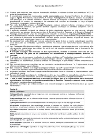 Número do documento: 1957967
12.1.1 Somente será convocado para participar da avaliação psicológica o candidato que tiver sido considerado APTO na
avaliação de capacidade física.
12.2 O candidato será considerado recomendado ou não recomendado para o desempenho eficiente das atividades do
cargo de Agente Penitenciário, exclusivamente. A Avaliação Psicológica tem por objetivo a análise e a avaliação do
perfil psicológico e de atributos individuais, mediante técnicas que busquem o conhecimento das condições de
adaptabilidade do indivíduo no desempenho das atividades que compõem as atribuições do cargo de Agente
Penitenciário, inclusive para portar arma de fogo.
12.2.1 Para efeitos deste Edital considera-se Avaliação Psicológica o processo realizado mediante o emprego de um conjunto
de procedimentos científicos, que permite identificar aspectos psicológicos do candidato compatíveis com as
atribuições/perfil do cargo.
12.2.2 A avaliação psicológica consistirá na utilização de testes psicológicos validados em nível nacional, aplicados
coletivamente, que atendam às normas em vigor do Conselho Federal de Psicologia e do Conselho Regional de
Psicologia, e escolhidos em função das atribuições/perfil adequados ao exercício do cargo de Agente Penitenciário.
12.2.3 A não recomendação do candidato na avaliação psicológica não significará, necessariamente, incapacidade intelectual
e/ou existência de transtornos de personalidade, indicando apenas que não atendeu, à época dos exames, aos
requisitos e/ou perfil, exigidos para o exercício do cargo pretendido.
12.2.4 Os resultados finais serão obtidos por meio da análise técnica global de todo o material produzido pelo candidato,
sendo observadas as orientações e parâmetros contidos nos manuais dos instrumentos técnicos utilizados nas
avaliações.
12.2.5 Será considerado NÃO RECOMENDADO o candidato que apresentar características restritivas ou impeditivas, e/ou
não apresentar características que estejam de acordo com os requisitos psicológicos para o desempenho das
atribuições inerentes ao cargo.
12.3 A avaliação psicológica será realizada em duas oportunidades, devendo o candidato obter êxito em uma
dessas ocasiões, sob pena de ser considerado não recomendado e, consequentemente, eliminado do
concurso.
12.3.1 O candidato que não comparecer à realização da avaliação psicológica na 1ª oportunidade, ou que obtiver avaliação de
perfil “não recomendado”, será automaticamente convocado para submeter-se à 2º oportunidade.
12.3.2 Persistindo a não recomendação, ou caso o candidato não compareça à 2ª oportunidade, o mesmo será eliminado do
concurso.
12.3.3 Será eliminado do concurso o candidato que não comparecer à avaliação psicológica na 1ª e 2ª oportunidade, no local
e horário previstos para a sua realização.
12.3.4 Será considerado habilitado na avaliação psicológica o candidato cujo perfil seja considerado recomendado.
12.4 O Instituto AOCP nomeará equipe especializada para proceder à avaliação dos candidatos.
12.5 A avaliação psicológica realizar-se-á, independente das diversidades físicas ou climáticas, na data estabelecida para a
realização da mesma.
12.5.1 Os casos de alteração psicológica e/ou fisiológica temporários que impossibilitem a realização da avaliação psicológica
não serão levados em consideração, não sendo concedido qualquer tratamento privilegiado ao candidato.
12.6 O local, a data e o horário da realização da avaliação psicológica, para 1ª e 2ª oportunidade, serão divulgados
oportunamente no Edital de convocação para realização da Avaliação Psicológica, podendo conter normas e
informações complementares pertinentes.
12.7 Os atributos psicológicos que serão avaliados em cada candidato ao cargo de Agente Penitenciário são os que seguem
na Tabela 12.1:
Tabela 12.1
CARACTERÍSTICAS
1) Adaptabilidade: capacidade de se integrar ao meio, com disposição positiva às mudanças, à diferentes
situações e a novos contextos.
2) Agressividade: ideia, ato ou palavra hostil e vigorosa, capaz de produzir dano e/ou sofrimento dirigido a si
próprio ou a outrem.
3) Atenção Concentrada: capacidade de centralizar suas atenções ao longo de toda a duração da tarefa.
4) Ativação: direcionamento das capacidades, energias e interesses do indivíduo, de modo dinâmico,
combativo e constante para o alcance dos resultados esperados ou para a busca de novas responsabilidades.
5) Controle Emocional: capacidade de manter domínio sobre reações emocionais diante de situações
adversas.
6) Inteligência: capacidade de compreender e adaptar-se facilmente, lidando com questões práticas da vida
diária.
7) Produtividade: capacidade de rendimento nas tarefas e de executar tarefas por longos períodos de tempo
sem alteração de ritmo e qualidade.
8) Sociabilidade: capacidade de se relacionar com outras pessoas, interagindo, positivamente, com interesse
e receptividade.
9) Tolerância à Frustração: capacidade de reagir adequadamente, mesmo diante de situações que não levem
______________________________________________________________________________________________________________________________
Edital de Abertura nº 001/2017– Cargo de Agente Penitenciário – SEJUS – SEPLAG | Página 20 de 36
 