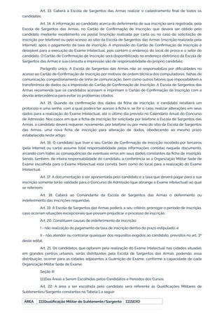 Art. 13. Caberá à Escola de Sargentos das Armas realizar o cadastramento final de todos os
candidatos.
Art. 14. A informação ao candidato acerca do deferimento de sua inscrição será registrada, pela
Escola de Sargentos das Armas, no Cartão de Confirmação de Inscrição, que deverá ser obtido pelo
candidato mediante recebimento via postal (inscrição realizada por carta ou no caso de solicitação de
inscrição por telefone) ou pelo acesso ao sítio da Escola de Sargentos das Armas (inscrição realizada pela
Internet), após o pagamento da taxa de inscrição. A impressão do Cartão de Confirmação de Inscrição é
desejável para a execução do Exame Intelectual, pois contém o endereço do local de prova e o setor do
candidato. O Cartão de Confirmação de Inscrição será disponibilizado no endereço eletrônico da Escola de
Sargentos das Armas e sua consulta e impressão são de responsabilidade do próprio candidato.
Parágrafo único. A Escola de Sargentos das Armas não se responsabiliza por dificuldades no
acesso ao Cartão de Confirmação de Inscrição por motivos de ordem técnica dos computadores, falhas de
comunicação, congestionamento de linha de comunicação, bem como outros fatores que impossibilitem a
transferência de dados ou a impressão do Cartão de Confirmação de Inscrição. A Escola de Sargentos das
Armas recomenda que os candidatos acessem e imprimam o Cartão de Confirmação de Inscrição com a
devida antecedência para evitar os problemas citados.
Art. 15. Quando da confirmação dos dados da ficha de inscrição, o candidato receberá um
protocolo e uma senha, com a qual poderá ter acesso à ficha e, se for o caso, realizar alterações em seus
dados para a realização do Exame Intelectual, até o último dia previsto no Calendário Anual do Concurso
de Admissão. Nos casos em que a ficha de inscrição for solicitada por telefone à Escola de Sargentos das
Armas, o candidato deverá requerer, novamente, por telefone ou por meio do sítio da Escola de Sargentos
das Armas, uma nova ficha de inscrição para alteração de dados, obedecendo ao mesmo prazo
estabelecido neste artigo.
Art. 16. O candidato que tiver o seu Cartão de Confirmação de Inscrição recebido por terceiros
(pela Internet ou carta) assume total responsabilidade pelas informações contidas naquele documento,
arcando com todas as consequências de eventuais erros em seus dados constantes da ficha de inscrição.
Sendo, também, de inteira responsabilidade do candidato, a conferência se a Organização Militar Sede de
Exame escolhida para o Exame Intelectual está correta, bem como do local para a realização do Exame
Intelectual.
Art. 17. A documentação a ser apresentada pelo candidato e a taxa que deverá pagar para a sua
inscrição somente terão validade para o Concurso de Admissão (que abrange o Exame Intelectual) ao qual
se referirem.
Art. 18. Caberá ao Comandante da Escola de Sargentos das Armas o deferimento ou
indeferimento das inscrições requeridas.
Art. 19. A Escola de Sargentos das Armas poderá, a seu critério, prorrogar o período de inscrição,
caso ocorram situações excepcionais que possam prejudicar o processo de inscrição.
Art. 20. Constituem causas de indeferimento da inscrição:
I - não realização do pagamento da taxa de inscrição dentro do prazo estipulado; e
II - não atender ou contrariar quaisquer dos requisitos exigidos ao candidato, previstos no art. 3º
deste edital.
Art. 21. Os candidatos, que optarem pela realização do Exame Intelectual nas cidades situadas
em grandes centros urbanos, serão distribuídos pela Escola de Sargentos das Armas, podendo, essa
distribuição, ocorrer para as cidades adjacentes à Guarnição de Exame, conforme a capacidade de cada
Organização Militar Sede de Exame.
Seção III
111Das Áreas a Serem Escolhidas pelos Candidatos e Períodos dos Cursos
Art. 22. A área a ser escolhida pelo candidato será referente às Qualificações Militares de
Subtenentes/Sargento constantes na Tabela 1 a seguir:
ÁREA 111Qualificação Militar de Subtenente/Sargento 111SEXO
 