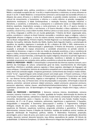 Clássica: organização sócio, política, econômica e cultural das Civilizações Greco Romana. 4 Idade
Média: a sociedade européia (do séc. V ao XV); o império bizantino; o islamismo; os reinos africanos no
século V ao XV. 5 Idade Moderna: o renascimento comercial a estruturação da escravidão africana e a
diáspora dos povos africanos e o declínio do feudalismo; os grandes estados nacionais; a revolução
cultural do renascimento; o humanismo; a reforma e a contra reforma; as grandes navegações; o
absolutismo monárquico. 6 Idade Contemporânea: a revolução francesa; revolução industrial; o
liberalismo, o socialismo, o sindicalismo, o anarquismo e o catolicismo social; as independências na
América espanhola; Imperialismo europeu e norte-americano no séc. XIX; a 1ª guerra mundial; a
revolução russa; a crise de 1929; o nazi-facismo; a 2ª Guerra Mundial; o bloco capitalista e o bloco
socialista; a Guerra Fria; a nova ordem mundial; América Latina e as lutas sociais; o socialismo em Cuba
e na China; integração e conflito em um mundo globalizado. 7 História do Brasil: organização sócio,
política, econômica e cultural no Brasil Colonial; escravidão e resistência negra e indígena; cultura e
religiosidade africana e indígena; a crise do sistema colonial, movimento de independência; a família
real no Brasil; independência; Primeiro Império; Período Regencial e as revoluções sociais Cabanagem,
Balaiada, Farroupilha, Sabinada, Revolta dos Malês, Quebra Quilo Segundo Império, a proclamação da
república; da republica oligárquica à revolução de 30; a ditadura de 1930 a 1945, redemocracia; a
ditadura de 1960 a 1985; redemocratização e globalização. 8 História do Amazonas: o processo de
ocupação e produção no espaço amazonense; a sociedade amazonense no período colonial; a
escravidão no Amazonas; o negro e o índio nos modos de produção econômica; a luta e resistência de
negros e índios; Amazonas no processo de Independência; Revolução de 1817, 1824, Sedição de Pinto
Madeira (1831), as lutas fratricidas, a dizimação das nações indígenas; Amazonas no período regencial; o
binômino couro e algodão e o processo de urbanização; resistência e abolição no Amazonas; a
sociedade amazonense nos contextos sócio, político, econômico e cultural dos séculos XX e XXI.
CARGO 15: PROFESSOR – INGLÊS: 1 Interpretação e compreensão dos diversos aspectos textuais; uso e
domínio das Estratégias de Leitura: compreensão geral do texto; reconhecimento de informações
específicas; inferência e predição; palavras cognatas e falsos cognatos; abordagem da linguagem sob
novos enfoques. 2 Vocabulário: domínio de vocabulário compatível com a interpretação e elaboração de
texto, dentro do conteúdo exigido. 3 Aspectos gramaticais: conhecimento dos tempos e modos verbais.
4 Verb "to be", regular/irregular verbs (simple present and simple past). 5 Present continuous. 6 Past
continuous. 7 Present perfect and past perfect. 8 Present perfect continuous. 9 Future tense: will; going
to - nas diversas formas (afirmativa, negativa e interrogativa). 10 Imperative. 11 Modals: can, could,
should, must, have, may. 12 Passive voice. 13 Uso de preposições e conjunções. 14 Formação e classe de
palavras; pronomes: personal pronouns (object pronouns, subject pronouns); possessive pronouns;
possessive adjectives; relative clauses: who/that/which/whose/whom/where. 15 Comparatives and
superlatives: possessive case. 16 Aprendizagens em língua estrangeira; relação entre Língua, cultura e
sociedade.
CARGO 16: PROFESSOR – MATEMÁTICA: 1 Números: números inteiros; divisibilidade; números
racionais; números irracionais e reais. 2 Funções: igualdade de funções; determinação do domínio de
uma função; funções injetivas, sobrejetivas e bijetivas; função inversa; composição de funções; funções
crescentes, decrescentes, pares e impares; os zeros e os sinais de uma função; funções lineares,
constantes, do 1º e do 2º graus, modulares, polinomiais, logarítmicas e exponenciais. 3 Equações,
desigualdades e inequações. 4 Geometria: plana,espacial e analítica. 5 Trigonometria: triângulo
retângulo; estudo do seno, cosseno, tangente, cotangente, secante e cossecante. 6 Sequências:
sequências de Fibonacci, sequências numéricas; progressão aritmética e geométrica. 7 Matrizes:
determinantes; sistemas lineares. 8 Noções de Estatística: medidas de tendência central; medidas de
dispersão distribuição de frequência; gráficos; tabelas. 9 Matemática Financeira: proporção;
porcentagem; juros e taxas de juros; juro exato e juro comercial; sistemas de capitalização; descontos
simples; desconto racional; desconto bancário; taxa efetiva; equivalência de capitais. 10 Cálculo de
probabilidade. 11 Números Complexos. 12 Cálculo diferencial e integral das funções de uma variável. 13

                                                   22
 