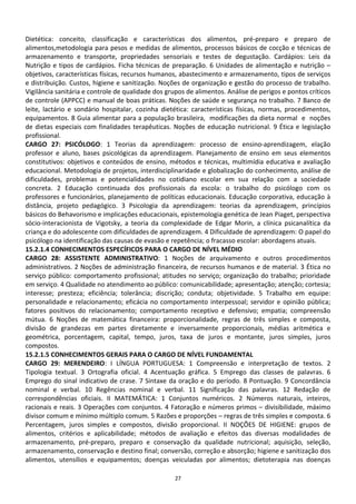 Dietética: conceito, classificação e características dos alimentos, pré-preparo e preparo de
alimentos,metodologia para pesos e medidas de alimentos, processos básicos de cocção e técnicas de
armazenamento e transporte, propriedades sensoriais e testes de degustação. Cardápios: Leis da
Nutrição e tipos de cardápios. Ficha técnicas de preparação. 6 Unidades de alimentação e nutrição –
objetivos, características físicas, recursos humanos, abastecimento e armazenamento, tipos de serviços
e distribuição. Custos, higiene e sanitização. Noções de organização e gestão do processo de trabalho.
Vigilância sanitária e controle de qualidade dos grupos de alimentos. Análise de perigos e pontos críticos
de controle (APPCC) e manual de boas práticas. Noções de saúde e segurança no trabalho. 7 Banco de
leite, lactário e sondário hospitalar, cozinha dietética: características físicas, normas, procedimentos,
equipamentos. 8 Guia alimentar para a população brasileira, modificações da dieta normal e noções
de dietas especiais com finalidades terapêuticas. Noções de educação nutricional. 9 Ética e legislação
profissional.
CARGO 27: PSICÓLOGO: 1 Teorias da aprendizagem: processo de ensino-aprendizagem, elação
professor e aluno, bases psicológicas da aprendizagem. Planejamento de ensino em seus elementos
constitutivos: objetivos e conteúdos de ensino, métodos e técnicas, multimídia educativa e avaliação
educacional. Metodologia de projetos, interdisciplinaridade e globalização do conhecimento, análise de
dificuldades, problemas e potencialidades no cotidiano escolar em sua relação com a sociedade
concreta. 2 Educação continuada dos profissionais da escola: o trabalho do psicólogo com os
professores e funcionários, planejamento de políticas educacionais. Educação corporativa, educação à
distância, projeto pedagógico. 3 Psicologia da aprendizagem: teorias da aprendizagem, princípios
básicos do Behavorismo e implicações educacionais, epistemologia genética de Jean Piaget, perspectiva
sócio-interacionista de Vigotsky, a teoria da complexidade de Edgar Morin, a clínica psicanalítica da
criança e do adolescente com dificuldades de aprendizagem. 4 Dificuldade de aprendizagem: O papel do
psicólogo na identificação das causas de evasão e repetência; o fracasso escolar: abordagens atuais.
15.2.1.4 CONHECIMENTOS ESPECÍFICOS PARA O CARGO DE NÍVEL MÉDIO
CARGO 28: ASSISTENTE ADMINISTRATIVO: 1 Noções de arquivamento e outros procedimentos
administrativos. 2 Noções de administração financeira, de recursos humanos e de material. 3 Ética no
serviço público: comportamento profissional; atitudes no serviço; organização do trabalho; prioridade
em serviço. 4 Qualidade no atendimento ao público: comunicabilidade; apresentação; atenção; cortesia;
interesse; presteza; eficiência; tolerância; discrição; conduta; objetividade. 5 Trabalho em equipe:
personalidade e relacionamento; eficácia no comportamento interpessoal; servidor e opinião pública;
fatores positivos do relacionamento; comportamento receptivo e defensivo; empatia; compreensão
mútua. 6 Noções de matemática financeira: proporcionalidade, regras de três simples e composta,
divisão de grandezas em partes diretamente e inversamente proporcionais, médias aritmética e
geométrica, porcentagem, capital, tempo, juros, taxa de juros e montante, juros simples, juros
compostos.
15.2.1.5 CONHECIMENTOS GERAIS PARA O CARGO DE NÍVEL FUNDAMENTAL
CARGO 29: MERENDEIRO: I LÍNGUA PORTUGUESA: 1 Compreensão e interpretação de textos. 2
Tipologia textual. 3 Ortografia oficial. 4 Acentuação gráfica. 5 Emprego das classes de palavras. 6
Emprego do sinal indicativo de crase. 7 Sintaxe da oração e do período. 8 Pontuação. 9 Concordância
nominal e verbal. 10 Regências nominal e verbal. 11 Significação das palavras. 12 Redação de
correspondências oficiais. II MATEMÁTICA: 1 Conjuntos numéricos. 2 Números naturais, inteiros,
racionais e reais. 3 Operações com conjuntos. 4 Fatoração e números primos – divisibilidade, máximo
divisor comum e mínimo múltiplo comum. 5 Razões e proporções – regras de três simples e composta. 6
Percentagem, juros simples e compostos, divisão proporcional. II NOÇÕES DE HIGIENE: grupos de
alimentos, critérios e aplicabilidade; métodos de avaliação e efeitos das diversas modalidades de
armazenamento, pré-preparo, preparo e conservação da qualidade nutricional; aquisição, seleção,
armazenamento, conservação e destino final; conversão, correção e absorção; higiene e sanitização dos
alimentos, utensílios e equipamentos; doenças veiculadas por alimentos; dietoterapia nas doenças

                                                   27
 