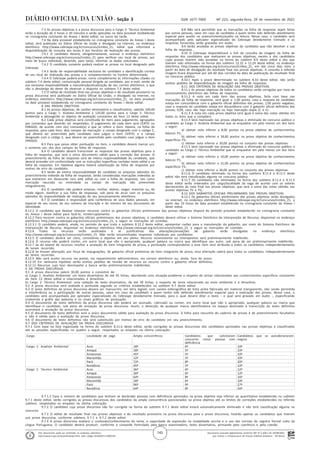 Documento assinado digitalmente conforme MP nº 2.200-2 de 24/08/2001,
que institui a Infraestrutura de Chaves Públicas Brasileira - ICP-Brasil.
Este documento pode ser verificado no endereço eletrônico
http://www.in.gov.br/autenticidade.html, pelo código 05302021112900145
145
Nº 223, segunda-feira, 29 de novembro de 2021
ISSN 1677-7069
Seção 3
7.3 As provas objetivas e a prova discursiva para o Cargo 2: Técnico Ambiental
terão a duração de 4 horas e 30 minutos e serão aplicadas na data provável estabelecida
no cronograma constante do Anexo I deste edital, no turno da tarde.
7.4 Na data provável estabelecida no cronograma constante do Anexo I deste
edital, será publicado no Diário Oficial da União e divulgado na internet, no endereço
eletrônico http://www.cebraspe.org.br/concursos/icmbio_21, edital que informará a
disponibilização da consulta aos locais e aos horários de realização das provas.
7.4.1 O candidato deverá, obrigatoriamente, acessar o endereço eletrônico
http://www.cebraspe.org.br/concursos/icmbio_21 para verificar seu local de provas, por
meio de busca individual, devendo, para tanto, informar os dados solicitados.
7.4.2 O candidato somente poderá realizar as provas no local designado pelo
Cebraspe.
7.4.3 Serão de responsabilidade exclusiva do candidato a identificação correta
de seu local de realização das provas e o comparecimento no horário determinado.
7.4.4 O Cebraspe poderá enviar, como complemento às informações citadas no
subitem 7.4 deste edital, comunicação pessoal dirigida ao candidato, por e-mail, sendo de
sua exclusiva responsabilidade a manutenção/atualização de seu correio eletrônico, o que
não o desobriga do dever de observar o disposto no subitem 7.4 deste edital.
7.5 O edital de resultado final nas provas objetivas e de resultado provisório na
prova discursiva será publicado no Diário Oficial da União, e divulgado na internet, no
endereço eletrônico http://www.cebraspe.org.br/concursos/icmbio_21, na data provável
na data provável estabelecida no cronograma constante do Anexo I deste edital.
8 DAS PROVAS OBJETIVAS
8.1 As provas objetivas, de caráter eliminatório e classificatório, valerão 100,00
pontos para o Cargo 1: Analista Ambiental e 120,00 pontos para o Cargo 2: Técnico
Ambiental e abrangerão os objetos de avaliação constantes do item 13 deste edital.
8.2 Cada prova objetiva será constituída de itens para julgamento, agrupados
por comandos que deverão ser respeitados. O julgamento de cada item será CERTO ou
ERRADO, de acordo com o(s) comando(s) a que se refere o item. Haverá, na folha de
respostas, para cada item, dois campos de marcação: o campo designado com o código C,
que deverá ser preenchido pelo candidato caso julgue o item CERTO, e o campo
designado com o código E, que deverá ser preenchido pelo candidato caso julgue o item
ERRADO.
8.3 Para que possa obter pontuação no item, o candidato deverá marcar um,
e somente um, dos dois campos da folha de respostas.
8.4 O candidato deverá transcrever as respostas das provas objetivas para a
folha de respostas, que será o único documento válido para a correção das provas. O
preenchimento da folha de respostas será de inteira responsabilidade do candidato, que
deverá proceder em conformidade com as instruções específicas contidas neste edital e na
folha de respostas. Em hipótese alguma haverá substituição da folha de respostas por
motivo de erro do candidato.
8.5 Serão de inteira responsabilidade do candidato os prejuízos advindos do
preenchimento indevido da folha de respostas. Serão consideradas marcações indevidas as
que estiverem em desacordo com este edital ou com a folha de respostas, tais como
marcação rasurada ou emendada ou campo de marcação não preenchido
integralmente.
8.6 O candidato não poderá amassar, molhar, dobrar, rasgar, manchar ou, de
modo algum, danificar a sua folha de respostas, sob pena de arcar com os prejuízos
advindos da impossibilidade de realização do seu processamento eletrônico.
8.7 O candidato é responsável pela conferência de seus dados pessoais, em
especial de seu nome, do seu número de inscrição e do número de seu documento de
identidade.
8.8 Não será permitido que as marcações na folha de respostas sejam feitas
por outras pessoas, salvo em caso de candidato a quem tenha sido deferido atendimento
especial para auxílio no preenchimento/auxílio na leitura. Nesse caso, o candidato será
acompanhado pelo aplicador especializado do Cebraspe devidamente treinado e as
respostas fornecidas serão gravadas em áudio.
8.9 Serão anuladas as provas objetivas do candidato que não devolver a sua
folha de respostas.
8.10 O Cebraspe disponibilizará o link de consulta da imagem da folha de
respostas dos candidatos que realizaram as provas objetivas, exceto a dos candidatos
cujas provas tiverem sido anuladas na forma do subitem 8.9 deste edital e dos que
tiverem sido eliminados na forma dos subitens 12.22 e 12.24 deste edital, no endereço
eletrônico http://www.cebraspe.org.br/concursos/icmbio_21, em até cinco dias úteis a
partir da data de divulgação do resultado final nas provas objetivas. A consulta à referida
imagem ficará disponível por até 60 dias corridos da data de publicação do resultado final
no concurso público.
8.10.1 Após o prazo determinado no subitem 8.10 deste edital, não serão
aceitos pedidos de disponibilização da imagem da folha de respostas.
8.11 DOS CRITÉRIOS DE AVALIAÇÃO DAS PROVAS OBJETIVAS
8.11.1 As provas objetivas de todos os candidatos serão corrigidas por meio de
processamento eletrônico das folhas de respostas.
8.11.2 A nota em cada item das provas objetivas, feita com base nas
marcações da folha de respostas, será igual a: 1,00 ponto, caso a resposta do candidato
esteja em concordância com o gabarito oficial definitivo das provas; 1,00 ponto negativo,
caso a resposta do candidato esteja em discordância com o gabarito oficial definitivo das
provas; 0,00, caso não haja marcação ou haja marcação dupla (C e E).
8.11.3 A nota em cada prova objetiva será igual à soma das notas obtidas em
todos os itens que a compõem.
8.11.4 Será reprovado nas provas objetivas e eliminado do concurso público o
candidato ao Cargo 1: Analista Ambiental que se enquadrar em pelo menos um dos itens
a seguir:
a) obtiver nota inferior a 8,00 pontos na prova objetiva de conhecimentos
básicos P1;
b) obtiver nota inferior a 18,00 pontos na prova objetiva de conhecimentos
específicos P2;
c) obtiver nota inferior a 30,00 pontos no conjunto das provas objetivas.
8.11.5 Será reprovado nas provas objetivas e eliminado do concurso público o
candidato ao Cargo 2: Técnico Ambiental que se enquadrar em pelo menos um dos itens
a seguir:
a) obtiver nota inferior a 10,00 pontos na prova objetiva de conhecimentos
básicos P1;
b) obtiver nota inferior a 21,00 pontos na prova objetiva de conhecimentos
específicos P2;
c) obtiver nota inferior a 36,00 pontos no conjunto das provas objetivas.
8.11.6 O candidato eliminado na forma dos subitens 8.11.4 e 8.11.5 deste
edital não terá classificação alguma no concurso público.
8.11.7 Os candidatos não eliminados na forma dos subitens 8.11.4 e 8.11.5
deste edital serão ordenados por cargo/localidade da vaga de acordo com os valores
decrescentes da nota final nas provas objetivas, que será a soma das notas obtidas nas
provas objetivas P1 e P2,.
8.12 DOS GABARITOS OFICIAIS PRELIMINARES DAS PROVAS OBJETIVAS
8.12.1 Os gabaritos oficiais preliminares das provas objetivas serão divulgados
na internet, no endereço eletrônico http://www.cebraspe.org.br/concursos/icmbio_21, a
partir das 19 horas da data provável estabelecida no cronograma constante do Anexo I
deste edital.
8.12.2 O candidato que desejar interpor recursos contra os gabaritos oficiais preliminares das provas objetivas disporá do período provável estabelecido no cronograma constante
do Anexo I deste edital para fazê-lo, ininterruptamente.
8.12.3 Para recorrer contra os gabaritos oficiais preliminares das provas objetivas, o candidato deverá utilizar o Sistema Eletrônico de Interposição de Recurso, disponível no endereço
eletrônico http://www.cebraspe.org.br/concursos/icmbio_21, e seguir as instruções ali contidas.
8.12.3.1 O candidato poderá, ainda, no período de que trata o subitem 8.12.2 deste edital, apresentar razões para a manutenção do gabarito, por meio do Sistema Eletrônico de
Interposição de Recurso, disponível no endereço eletrônico http://www.cebraspe.org.br/concursos/icmbio_21, e seguir as instruções ali contidas.
8.12.4 Todos os recursos serão analisados e as justificativas das alterações/anulações de gabarito serão divulgadas no endereço eletrônico
http://www.cebraspe.org.br/concursos/icmbio_21. Não serão encaminhadas respostas individuais aos candidatos.
8.12.5 O candidato deverá ser claro, consistente e objetivo em seu pleito. Recurso inconsistente ou intempestivo será preliminarmente indeferido.
8.12.6 O recurso não poderá conter, em outro local que não o apropriado, qualquer palavra ou marca que identifique seu autor, sob pena de ser preliminarmente indeferido.
8.12.7 Se do exame de recursos resultar a anulação de item integrante de prova, a pontuação correspondente a esse item será atribuída a todos os candidatos, independentemente
de terem recorrido.
8.12.8 Se houver alteração, por força de impugnações, de gabarito oficial preliminar de item integrante de prova, essa alteração valerá para todos os candidatos, independentemente
de terem recorrido.
8.12.9 Não será aceito recurso via postal, via requerimento administrativo, via correio eletrônico ou, ainda, fora do prazo.
8.12.10 Em nenhuma hipótese serão aceitos pedidos de revisão de recursos ou recurso contra o gabarito oficial definitivo.
8.12.11 Recursos cujo teor desrespeite a banca serão preliminarmente indeferidos.
9 DA PROVA DISCURSIVA
9.1 A prova discursiva valerá 30,00 pontos e consistirá de:
a) Cargo 1: Analista Ambiental: um texto dissertativo de até 45 linhas, abordando uma situação-problema a respeito de temas relacionados aos conhecimentos específicos constantes
do item 13 deste edital e relacionados à Amazônia.
b) Cargo 2: Técnico Ambiental: uma redação de texto dissertativo, de até 30 linhas, a respeito de tema relacionado ao meio ambiente e à Amazônia.
9.2 A prova discursiva será avaliada e pontuada segundo os critérios estabelecidos no subitem 9.7 deste edital.
9.3 O texto definitivo da prova discursiva deverá ser manuscrito, em letra legível, com caneta esferográfica de tinta preta fabricada em material transparente, não sendo permitida
a interferência ou a participação de outras pessoas, salvo em caso de candidato a quem tenha sido deferido atendimento especial para a realização das provas. Nesse caso, o
candidato será acompanhado por aplicador especializado do Cebraspe devidamente treinado, para o qual deverá ditar o texto - o qual será gravado em áudio -, especificando
oralmente a grafia das palavras e os sinais gráficos de pontuação.
9.4 O documento de texto definitivo da prova discursiva não poderá ser assinado, rubricado ou conter, em outro local que não o apropriado, qualquer palavra ou marca que
identifique o candidato, sob pena de anulação da prova discursiva. Assim, a detecção de qualquer marca identificadora no espaço destinado à transcrição do texto definitivo
acarretará a anulação da prova discursiva.
9.5 O documento de texto definitivo será o único documento válido para avaliação da prova discursiva. A folha para rascunho do caderno de provas é de preenchimento facultativo
e não é válida para a avaliação da prova discursiva.
9.6 O documento de texto definitivo não será substituído por motivo de erro do candidato em seu preenchimento.
9.7 DOS CRITÉRIOS DE AVALIAÇÃO DA PROVA DISCURSIVA
9.7.1 Com base na lista organizada na forma do subitem 8.11.6 deste edital, serão corrigidas as provas discursivas dos candidatos aprovados nas provas objetivas e classificados
até as posições especificadas no quadro a seguir, respeitados os empates na última colocação:
. Cargo Localidade de vaga Ampla concorrência Candidatos que solicitaram
concorrer como pessoa com
deficiência
Candidatos que se autodeclararam
negros
. Cargo 1: Analista Ambiental Acre 18ª 6ª 10ª
. Amapá 18ª 5ª 10ª
. Amazonas 45ª 5ª 10ª
. Maranhão 12ª 5ª 10ª
. Pará 72ª 8ª 20ª
. Rondônia 45ª 5ª 10ª
. Cargo 1: Técnico Ambiental Acre 36ª 6ª 12ª
. Amapá 30ª 6ª 12ª
. Amazonas 64ª 8ª 16ª
. Maranhão 18ª 6ª 10ª
. Pará 96ª 9ª 27ª
. Rondônia 64ª 8ª 16ª
9.7.1.1 Caso o número de candidatos que tenham se declarado pessoas com deficiência aprovados na prova objetiva seja inferior ao quantitativo estabelecido no subitem
9.7.1 deste edital, serão corrigidas as provas discursivas dos candidatos da ampla concorrência posicionados na prova objetiva até os limites de correções estabelecidos no referido
subitem, respeitados os empates na última colocação.
9.7.2 O candidato cuja prova discursiva não for corrigida na forma do subitem 9.7.1 deste edital estará automaticamente eliminado e não terá classificação alguma no
concurso.
9.7.3 O edital de resultado final nas provas objetivas e de resultado provisório na prova discursiva para a prova discursiva, listarão apenas os candidatos que tiverem
sua prova discursiva, conforme subitens 9.7.1 e 9.7.2 deste edital.
9.7.4 A prova discursiva avaliará o conteúdo/conhecimento do tema, a capacidade de expressão na modalidade escrita e o uso das normas do registro formal culto da
Língua Portuguesa. O candidato deverá produzir, conforme o comando formulado pela banca examinadora, texto dissertativo, primando pela coerência e pela coesão.
 