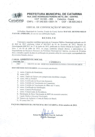 Edital Prefeitura convoca Assistente Social aprovado em concurso público.convocação-assistente-social