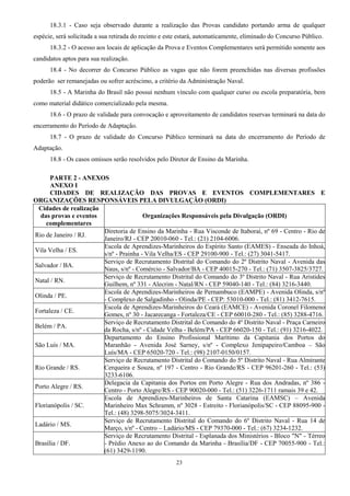 23
18.3.1 - Caso seja observado durante a realização das Provas candidato portando arma de qualquer
espécie, será solicitada a sua retirada do recinto e este estará, automaticamente, eliminado do Concurso Público.
18.3.2 - O acesso aos locais de aplicação da Prova e Eventos Complementares será permitido somente aos
candidatos aptos para sua realização.
18.4 - No decorrer do Concurso Público as vagas que não forem preenchidas nas diversas profissões
poderão ser remanejadas ou sofrer acréscimo, a critério da Administração Naval.
18.5 - A Marinha do Brasil não possui nenhum vínculo com qualquer curso ou escola preparatória, bem
como material didático comercializado pela mesma.
18.6 - O prazo de validade para convocação e aproveitamento de candidatos reservas terminará na data do
encerramento do Período de Adaptação.
18.7 - O prazo de validade do Concurso Público terminará na data do encerramento do Período de
Adaptação.
18.8 - Os casos omissos serão resolvidos pelo Diretor de Ensino da Marinha.
PARTE 2 - ANEXOS
ANEXO I
CIDADES DE REALIZAÇÃO DAS PROVAS E EVENTOS COMPLEMENTARES E
ORGANIZAÇÕES RESPONSÁVEIS PELA DIVULGAÇÃO (ORDI)
Cidades de realização
das provas e eventos
complementares
Organizações Responsáveis pela Divulgação (ORDI)
Rio de Janeiro / RJ.
Diretoria de Ensino da Marinha - Rua Visconde de Itaboraí, nº 69 - Centro - Rio de
Janeiro/RJ - CEP 20010-060 - Tel.: (21) 2104-6006.
Vila Velha / ES.
Escola de Aprendizes-Marinheiros do Espírito Santo (EAMES) - Enseada do Inhoá,
s/nº - Prainha - Vila Velha/ES - CEP 29100-900 - Tel.: (27) 3041-5417.
Salvador / BA.
Serviço de Recrutamento Distrital do Comando do 2º Distrito Naval - Avenida das
Naus, s/nº - Comércio - Salvador/BA - CEP 40015-270 - Tel.: (71) 3507-3825/3727.
Natal / RN.
Serviço de Recrutamento Distrital do Comando do 3º Distrito Naval - Rua Aristides
Guilhem, nº 331 - Alecrim - Natal/RN - CEP 59040-140 - Tel.: (84) 3216-3440.
Olinda / PE.
Escola de Aprendizes-Marinheiros de Pernambuco (EAMPE) - Avenida Olinda, s/nº
- Complexo de Salgadinho - Olinda/PE - CEP: 53010-000 - Tel.: (81) 3412-7615.
Fortaleza / CE.
Escola de Aprendizes-Marinheiros do Ceará (EAMCE) - Avenida Coronel Filomeno
Gomes, nº 30 - Jacarecanga - Fortaleza/CE - CEP 60010-280 - Tel.: (85) 3288-4716.
Belém / PA.
Serviço de Recrutamento Distrital do Comando do 4º Distrito Naval - Praça Carneiro
da Rocha, s/nº - Cidade Velha - Belém/PA - CEP 66020-150 - Tel.: (91) 3216-4022.
São Luís / MA.
Departamento do Ensino Profissional Marítimo da Capitania dos Portos do
Maranhão - Avenida José Sarney, s/nº - Complexo Jenipapeiro/Camboa – São
Luís/MA - CEP 65020-720 - Tel.: (98) 2107-0150/0157.
Rio Grande / RS.
Serviço de Recrutamento Distrital do Comando do 5º Distrito Naval - Rua Almirante
Cerqueira e Souza, nº 197 - Centro - Rio Grande/RS - CEP 96201-260 - Tel.: (53)
3233-6106.
Porto Alegre / RS.
Delegacia da Capitania dos Portos em Porto Alegre - Rua dos Andradas, nº 386 -
Centro - Porto Alegre/RS - CEP 90020-000 - Tel.: (51) 3226-1711 ramais 39 e 42.
Florianópolis / SC.
Escola de Aprendizes-Marinheiros de Santa Catarina (EAMSC) – Avenida
Marinheiro Max Schramm, nº 3028 - Estreito - Florianópolis/SC - CEP 88095-900 -
Tel.: (48) 3298-5075/3024-3411.
Ladário / MS.
Serviço de Recrutamento Distrital do Comando do 6º Distrito Naval - Rua 14 de
Março, s/nº - Centro – Ladário/MS - CEP 79370-000 - Tel.: (67) 3234-1232.
Brasília / DF.
Serviço de Recrutamento Distrital - Esplanada dos Ministérios - Bloco "N" - Térreo
- Prédio Anexo ao do Comando da Marinha - Brasília/DF - CEP 70055-900 - Tel.:
(61) 3429-1190.
 