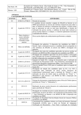24
São Paulo / SP.
Comando do 8º Distrito Naval - Rua Estado de Israel, nº 776 - Vila Clementino –
São Paulo/SP - CEP 04022-002 - Tel.: (11) 5080-4797/ 4859.
Manaus / AM.
Comando do 9º Distrito Naval - Rua Bernardo Ramos, s/nº - Centro - Ilha de São
Vicente - Manaus/AM - CEP 69005-310 - Tel.: (92) 2123-2278/2275.
ANEXO II
CALENDÁRIO DE EVENTOS
EVENTO DATA ATIVIDADES
01 03/06/13 a 27/06/13 Período de inscrições.
02 A partir de 17/07/13
O candidato deverá consultar a página da DEnsM na Internet ou as
ORDI (pessoalmente ou através dos telefones disponíveis) para obter a
data, os horários de abertura e fechamento dos portões, o horário limite
para se apresentar na sala ou setor para identificação, o horário de
realização das provas escritas, o endereço do local onde realizará as
provas escritas objetiva e a redação, e o material suplementar necessário
à realização das mesmas.
Prova escrita objetiva de conhecimentos profissionais e redação.
03
Data e horários a
serem definidos
oportunamente.
Consultar evento
anterior
04 Data a ser definida.
Divulgação dos gabaritos. À disposição dos candidatos nas ORDI e
Internet. Após a realização da prova o candidato deverá acompanhar no
sítio eletrônico da DEnsM, ou através das ORDI a divulgação dos
gabaritos.
05 A partir de 16/09/13
Divulgação das notas dos candidatos aprovados nas provas escritas, na
Internet e em BONO da MB, à disposição dos candidatos nas ORDI.
06 A partir de 16/09/13
Divulgação dos candidatos aprovados nas provas escritas e convocação
para realização dos Eventos Complementares, na Internet e em BONO
da MB, à disposição dos candidatos nas ORDI.
07 25/09/13 a 25/10/13
Inspeção de Saúde (IS) e entrega de documentos para a realização da
Verificação de Documentos (VD) - Fase Preliminar, preenchimento do
Questionário Biográfico Simplificado (QBS) - Fase Final da VDB.
08 07/10/13 a 01/11/13
Teste de Aptidão Física (TAF) para os candidatos aptos na Inspeção de
Saúde (IS).
09 A partir de 12/11/13
Divulgação da relação dos candidatos aptos na IS e no TAF e
convocação para realização da prova escrita discursiva de
conhecimentos profissionais (para a profissão de “Direito”) e para
realização da prova de títulos (para as profissões de “Física” e “
Matemática”) pela Internet e em BONO da MB à disposição dos
candidatos nas ORDI.
10 18/11/13 a 20/11/13
Entrega dos documentos comprobatórios para a Prova de Títulos (para as
profissões de “Física” e “ Matemática”).
11
22/11/13 Realização da prova escrita discursiva de conhecimentos profissionais
(para a profissão de “Direito”).
12 A partir de 06/01/14
Divulgação do resultado da prova escrita discursiva de conhecimentos
profissionais, da prova de títulos e da Verificação de Documentos (VD)
– Fase Preliminar na Internet e em BONO da MB à disposição dos
candidatos nas ORDI.
13 A partir de 31/01/14
Divulgação do Resultado Final da Seleção Inicial do Concurso Público
na Internet e por BONO.
15
10/03/14
Concentração dos candidatos titulares, no Centro de Instrução Almirante
Wandenkolk (CIAW), para o início do Período de Adaptação,
Verificação de Documentos - Fase Final e realização da Avaliação
 