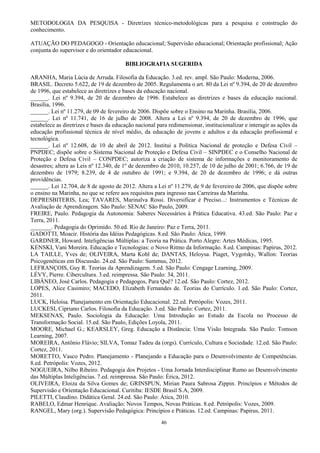 46
METODOLOGIA DA PESQUISA - Diretrizes técnico-metodológicas para a pesquisa e construção do
conhecimento.
ATUAÇÃO DO PEDAGOGO - Orientação educacional; Supervisão educacional; Orientação profissional; Ação
conjunta do supervisor e do orientador educacional.
BIBLIOGRAFIA SUGERIDA
ARANHA, Maria Lúcia de Arruda. Filosofia da Educação. 3.ed. rev. ampl. São Paulo: Moderna, 2006.
BRASIL. Decreto 5.622, de 19 de dezembro de 2005. Regulamenta o art. 80 da Lei nº 9.394, de 20 de dezembro
de 1996, que estabelece as diretrizes e bases da educação nacional.
______. Lei nº 9.394, de 20 de dezembro de 1996. Estabelece as diretrizes e bases da educação nacional.
Brasília, 1996.
______. Lei nº 11.279, de 09 de fevereiro de 2006. Dispõe sobre o Ensino na Marinha. Brasília, 2006.
______. Lei nº 11.741, de 16 de julho de 2008. Altera a Lei nº 9.394, de 20 de dezembro de 1996, que
estabelece as diretrizes e bases da educação nacional para redimensionar, institucionalizar e interagir as ações da
educação profissional técnica de nível médio, da educação de jovens e adultos e da educação profissional e
tecnológica.
______. Lei nº 12.608, de 10 de abril de 2012. Institui a Política Nacional de proteção e Defesa Civil –
PNPDEC; dispõe sobre o Sistema Nacional de Proteção e Defesa Civil – SINPDEC e o Conselho Nacional de
Proteção e Defesa Civil – CONPDEC; autoriza a criação de sistema de informações e monitoramento de
desastres; altera as Leis nº 12.340, de 1º de dezembro de 2010, 10.257, de 10 de julho de 2001; 6.766, de 19 de
dezembro de 1979; 8.239, de 4 de outubro de 1991; e 9.394, de 20 de dezembro de 1996; e dá outras
providências.
______. Lei 12.704, de 8 de agosto de 2012. Altera a Lei nº 11.279, de 9 de fevereiro de 2006, que dispõe sobre
o ensino na Marinha, no que se refere aos requisitos para ingresso nas Carreiras da Marinha.
DEPRESBITERIS, Lea; TAVARES, Marinalva Rossi. Diversificar é Preciso...: Instrumentos e Técnicas de
Avaliação de Aprendizagem. São Paulo: SENAC São Paulo, 2009.
FREIRE, Paulo. Pedagogia da Autonomia: Saberes Necessários à Prática Educativa. 43.ed. São Paulo: Paz e
Terra, 2011.
_______. Pedagogia do Oprimido. 50.ed. Rio de Janeiro: Paz e Terra, 2011.
GADOTTI, Moacir. História das Idéias Pedagógicas. 8.ed. São Paulo: Ática, 1999.
GARDNER, Howard. Inteligências Múltiplas: a Teoria na Prática. Porto Alegre: Artes Médicas, 1995.
KENSKI, Vani Moreira. Educação e Tecnologias: o Novo Ritmo da Informação. 8.ed. Campinas: Papirus, 2012.
LA TAILLE, Yves de; OLIVEIRA, Marta Kohl de; DANTAS, Heloysa. Piaget, Vygotsky, Wallon: Teorias
Psicogenéticas em Discussão. 24.ed. São Paulo: Summus, 2012.
LEFRANÇOIS, Guy R. Teorias da Aprendizagem. 5.ed. São Paulo: Cengage Learning, 2009.
LÉVY, Pierre. Cibercultura. 3.ed. reimpressa. São Paulo: 34, 2011.
LIBÂNEO, José Carlos. Pedagogia e Pedagogos, Para Quê? 12.ed. São Paulo: Cortez, 2012.
LOPES, Alice Casimiro; MACEDO, Elizabeth Fernandes de. Teorias do Currículo. 1.ed. São Paulo: Cortez,
2011.
LUCK, Heloísa. Planejamento em Orientação Educacional. 22.ed. Petrópolis: Vozes, 2011.
LUCKESI, Cipriano Carlos. Filosofia da Educação. 3.ed. São Paulo: Cortez, 2011.
MEKSENAS, Paulo. Sociologia da Educação: Uma Introdução ao Estudo da Escola no Processo de
Transformação Social. 15.ed. São Paulo, Edições Loyola, 2011.
MOORE, Michael G.; KEARSLEY, Greg. Educação a Distância: Uma Visão Integrada. São Paulo: Tomson
Learning, 2007.
MOREIRA, Antônio Flávio; SILVA, Tomaz Tadeu da (orgs). Currículo, Cultura e Sociedade. 12.ed. São Paulo:
Cortez, 2011.
MORETTO, Vasco Pedro. Planejamento - Planejando a Educação para o Desenvolvimento de Competências.
8.ed. Petrópolis: Vozes, 2012.
NOGUEIRA, Nilbo Ribeiro. Pedagogia dos Projetos - Uma Jornada Interdisciplinar Rumo ao Desenvolvimento
das Múltiplas Inteligências. 7.ed. reimpressa. São Paulo: Érica, 2012.
OLIVEIRA, Eloiza da Silva Gomes de; GRINSPUN, Mirian Paura Sabrosa Zippin. Princípios e Métodos de
Supervisão e Orientação Educacional. Curitiba: IESDE Brasil S.A, 2009.
PILETTI, Claudino. Didática Geral. 24.ed. São Paulo: Ática, 2010.
RABELO, Edmar Henrique. Avaliação: Novos Tempos, Novas Práticas. 8.ed. Petrópolis: Vozes, 2009.
RANGEL, Mary (org.). Supervisão Pedagógica: Princípios e Práticas. 12.ed. Campinas: Papirus, 2011.
 