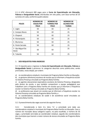 2.1 A UFSC oferecerá 400 vagas para o Curso de Especialização em Educação, Pobreza e Desigualdade Social, distribuídas em oito polos, com duas turmas de 25 cursistas em cada, conforme quadro abaixo: 
POLOS 
NÚMERO DE VAGAS POR POLO 
NÚMERO DE TURMAS POR POLO 
NÚMERO DE ALUNOS POR TURMA 
1- Lages 
50 
02 
25 
2- Campos Novos 
50 
02 
25 
3- Chapecó 
50 
02 
25 
4- Florianópolis 
50 
02 
25 
5- Blumenau 
50 
02 
25 
6- Ponte Serrada 
50 
02 
25 
7- São Miguel Do Oeste 
50 
02 
25 
8- Tubarão 
50 
02 
25 
3. DOS REQUISITOS PARA INGRESSO 
3.1 O requisito para o ingresso no Curso de Especialização em Educação, Pobreza e Desigualdade Social é pertencer às categorias descritas como público-alvo, sendo priorizados, nesta edição, por ordem: 
a) os coordenadores estadual e municipais do Programa Bolsa Família na Educação; 
b) os gestores (diretores) escolares de escolas que já informam a frequência escolar no Sistema Presença vinculado ao Programa Bolsa Família; 
c) os agentes educacionais (operadores escolares do Sistema Presença, designados pelo diretor da escola, e que também componham a equipe pedagógica) que trabalham com o Programa Bolsa Família em escolas que já informam a frequência escolar no Sistema Presença vinculado ao Programa Bolsa Família; 
d) os professores que atuam em escolas que já informam a frequência escolar no Sistema Presença vinculado ao Programa Bolsa Família; e 
e) os coordenadores estaduais de saúde e de assistência social vinculados ao Programa Bolsa Família. 
3.2 O preenchimento das vagas ocorrerá da seguinte forma: 
3.2.1 Considerando o item 3.1, letra “a”, a prioridade será dada aos coordenadores estadual e municipais do Programa Bolsa Família na Educação. Caso o número de inscrições dessa categoria supere, no polo escolhido, o número de 50 vagas, a prioridade será dada ao coordenador estadual, seguido dos coordenadores dos municípios que tiverem o maior número de alunos vinculados ao Programa Bolsa Família.  