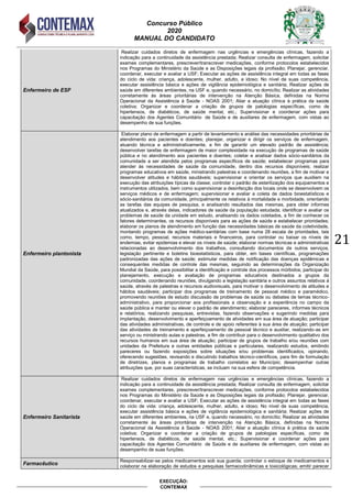 Concurso Público
2020
MANUAL DO CANDIDATO
21
EXECUÇÃO:
CONTEMAX
Enfermeiro de ESF
Realizar cuidados diretos de enfermagem nas urgências e emergências clínicas, fazendo a
indicação para a continuidade da assistência prestada; Realizar consulta de enfermagem, solicitar
exames complementares, prescrever/transcrever medicações, conforme protocolos estabelecidos
nos Programas do Ministério da Saúde e as Disposições legais da profissão; Planejar, gerenciar,
coordenar, executar e avaliar a USF; Executar as ações de assistência integral em todas as fases
do ciclo de vida: criança, adolescente, mulher, adulto, e idoso; No nível de suas competência,
executar assistência básica e ações de vigilância epidemiológica e sanitária; Realizar ações de
saúde em diferentes ambientes, na USF e, quando necessário, no domicílio; Realizar as atividades
corretamente às áreas prioritárias de intervenção na Atenção Básica, definidas na Norma
Operacional da Assistência à Saúde - NOAS 2001; Aliar a atuação clínica à prática da saúde
coletiva; Organizar e coordenar a criação de grupos de patologias específicas, como de
hipertensos, de diabéticos, de saúde mental, etc.; Supervisionar e coordenar ações para
capacitação dos Agentes Comunitário de Saúde e de auxiliares de enfermagem, com vistas ao
desempenho de sua funções.
Enfermeiro plantonista
Elaborar plano de enfermagem a partir de levantamento e análise das necessidades prioritárias de
atendimento aos pacientes e doentes; planejar, organizar e dirigir os serviços de enfermagem,
atuando técnica e administrativamente, a fim de garantir um elevado padrão de assistência;
desenvolver tarefas de enfermagem de maior complexidade na execução de programas de saúde
pública e no atendimento aos pacientes e doentes; coletar e analisar dados sócio-sanitários da
comunidade a ser atendida pelos programas específicos de saúde; estabelecer programas para
atender às necessidades de saúde da comunidade, dentro dos recursos disponíveis; realizar
programas educativos em saúde, ministrando palestras e coordenando reuniões, a fim de motivar e
desenvolver atitudes e hábitos saudáveis; supervisionar e orientar os serviços que auxiliem na
execução das atribuições típicas da classe; controlar o padrão de esterilização dos equipamentos e
instrumentos utilizados, bem como supervisionar a desinfecção dos locais onde se desenvolvem os
serviços médicos e de enfermagem; supervisionar e avaliar a coleta de dados bioestatísticos e
sócio-sanitários da comunidade, principalmente os relativos à mortalidade e morbidade, orientando
as tarefas das equipes de pesquisa, e analisando resultados das mesmas, para obter informes
atualizados e, através delas, indicadores de saúde da população estudada; identificar e avaliar os
problemas de saúde da unidade em estudo, analisando os dados coletados, a fim de conhecer os
fatores determinantes, os recursos disponíveis para as ações de saúde e estabelecer prioridades;
elaborar os planos de atendimento em função das necessidades básicas de saúde da coletividade,
montando programas de ações médico-sanitárias com base numa 28 escala de prioridades, tais
como, tempo, pessoal, recursos materiais e financeiros, para controlar ou baixar os níveis de
endemias, evitar epidemias e elevar os níveis de saúde; elaborar normas técnicas e administrativas
relacionadas ao desenvolvimento dos trabalhos, consultando documentos de outros serviços,
legislação pertinente e boletins bioestatísticos, para obter, em bases científicas, programações
padronizadas das ações de saúde; estimular medidas de notificação das doenças epidêmicas e
consequentes medidas de controle das mesmas, seguindo as determinações da Organização
Mundial da Saúde, para possibilitar a identificação e controle dos processos mórbidos; participar do
planejamento, execução e avaliação de programas educativos destinados a grupos da
comunidade, coordenando reuniões, divulgando a legislação sanitária e outros assuntos relativos à
saúde, através de palestras e recursos audiovisuais, para motivar o desenvolvimento de atitudes e
hábitos saudáveis; participar dos programas de treinamento de pessoal médico e paramédico,
promovendo reuniões de estudo discussão de problemas de saúde ou debates de temas técnico-
administrativo, para proporcionar aos profissionais a observação e a experiência no campo da
saúde pública e manter ou elevar o padrão de atendimento; elaborar pareceres, informes técnicos
e relatórios, realizando pesquisas, entrevistas, fazendo observações e sugerindo medidas para
implantação, desenvolvimento e aperfeiçoamento de atividades em sua área de atuação; participar
das atividades administrativas, de controle e de apoio referentes à sua área de atuação; participar
das atividades de treinamento e aperfeiçoamento de pessoal técnico e auxiliar, realizando-as em
serviço ou ministrando aulas e palestras, a fim de contribuir para o desenvolvimento qualitativo dos
recursos humanos em sua área de atuação; participar de grupos de trabalho e/ou reuniões com
unidades da Prefeitura e outras entidades públicas e particulares, realizando estudos, emitindo
pareceres ou fazendo exposições sobre situações e/ou problemas identificados, opinando,
oferecendo sugestões, revisando e discutindo trabalhos técnico-científicos, para fim de formulação
de diretrizes, planos e programas de trabalho correlatos ao Município; desempenhar outras
atribuições que, por suas características, se incluam na sua esfera de competência.
Enfermeiro Sanitarista
Realizar cuidados diretos de enfermagem nas urgências e emergências clínicas, fazendo a
indicação para a continuidade da assistência prestada; Realizar consulta de enfermagem, solicitar
exames complementares, prescrever/transcrever medicações, conforme protocolos estabelecidos
nos Programas do Ministério da Saúde e as Disposições legais da profissão; Planejar, gerenciar,
coordenar, executar e avaliar a USF; Executar as ações de assistência integral em todas as fases
do ciclo de vida: criança, adolescente, mulher, adulto, e idoso; No nível de suas competência,
executar assistência básica e ações de vigilância epidemiológica e sanitária; Realizar ações de
saúde em diferentes ambientes, na USF e, quando necessário, no domicílio; Realizar as atividades
corretamente às áreas prioritárias de intervenção na Atenção Básica, definidas na Norma
Operacional da Assistência à Saúde - NOAS 2001; Aliar a atuação clínica à prática da saúde
coletiva; Organizar e coordenar a criação de grupos de patologias específicas, como de
hipertensos, de diabéticos, de saúde mental, etc.; Supervisionar e coordenar ações para
capacitação dos Agentes Comunitário de Saúde e de auxiliares de enfermagem, com vistas ao
desempenho de suas funções.
Farmacêutico
Responsabilizar-se pelos medicamentos sob sua guarda; controlar o estoque de medicamentos e
colaborar na elaboração de estudos e pesquisas farmacodinâmicas e toxicológicas; emitir parecer
 