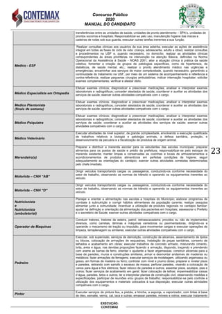 Concurso Público
2020
MANUAL DO CANDIDATO
23
EXECUÇÃO:
CONTEMAX
transferências entre as unidades de saúde, unidades de pronto atendimento – SPA‟s, unidades de
prontos socorros e hospitais; Responsabilizar-se pelo uso, manutenção higiene das macas e
cadeiras de rodas sob sua guarda, executar outras tarefas inerentes a sua função.
Medico - ESF
Realizar consultas clínicas aos usuários da sua área adstrita; executar as ações de assistência
integral em todas as fases do ciclo de vida: criança, adolescente, adulto e idoso; realizar consultas
e procedimentos na USF e, quando necessário, no domicílio; realizar as atividades clínicas
correspondentes às áreas prioritárias na intervenção na atenção Básica, definidas na Norma
Operacional da Assistência à Saúde - NOAS 2001; aliar a atuação clínica à prática da saúde
coletiva; fomentar a criação de grupos de patologias especificas, como de hipertensos, de
diabéticos, de saúde mental, etc.; realizar o pronto atendimento médico nas urgências e
emergências; encaminhar aos serviços de maior complexidade, quando necessário, garantindo a
continuidade do tratamento na USF, por meio de um sistema de acompanhamento e referência e
contra-referência; realizar pequenas cirurgias ambulatórias; indicar internação hospitalar; solicitar
exames complementares; verificar e atestar óbito.
Médico Especialista em Ortopedia
Efetuar exames clínicos; diagnosticar e prescrever medicações; analisar e interpretar exames
laboratoriais e radiográficos; conceder atestados de saúde; coordenar e auxiliar as atividades dos
serviços de saúde; exercer outras atividades compatíveis com o cargo.
Medico Plantonista
(finais de semana)
Efetuar exames clínicos; diagnosticar e prescrever medicações; analisar e interpretar exames
laboratoriais e radiográficos; conceder atestados de saúde; coordenar e auxiliar as atividades dos
serviços de saúde; exercer outras atividades compatíveis com o cargo.
Médico Psiquiatra
Efetuar exames clínicos; diagnosticar e prescrever medicações; analisar e interpretar exames
laboratoriais e radiográficos; conceder atestados de saúde; coordenar e auxiliar as atividades dos
serviços de saúde; coordenar e auxiliar as atividades dos serviços de saúde; exercer outras
atividades compatíveis com o cargo.
Médico Veterinário
Executar atividades de nível superior, de grande complexidade, envolvendo a execução qualificada
de trabalhos relativos a biologia e patologia animais, a defesa sanitária, proteção, e
desenvolvimento da pecuária e a fiscalização de produtos de origem animal.
Merendeiro(a)
Preparar e distribuir a merenda escolar para os estudantes das escolas municipais; preparar
alimentos para os postos de saúde e prédio da prefeitura; responsabilizar-se pelo estoque de
merenda existente; manter limpas e conservadas as cozinhas e locais de armazenamentos e
acondicionamentos de produtos alimentícios em perfeitas condições de higiene; seguir
adequadamente as orientações do cardápio; exercer outras atividades correlatas determinadas
pelo chefe imediato.
Motorista – CNH “AB”
Dirigir veículos transportando cargas ou passageiros, conduzindo-os conforme necessidade do
setor de trabalho, observando as normas de trânsito e operando os equipamentos inerentes ao
veículo.
Motorista – CNH “D”
Dirigir veículos transportando cargas ou passageiros, conduzindo-os conforme necessidade do
setor de trabalho, observando as normas de trânsito e operando os equipamentos inerentes ao
veículo.
Nutricionista
e
Nutricionista
(ambulatorial)
Planejar e orientar a alimentação nas escolas e hospitais do Município; elaborar programas de
combate à subnutrição e corrigir hábitos alimentares da população carente; realizar pesquisa
alimentar junto a comunidade; incentivar a utilização de produtos regionais no cardápio familiar;
ajudar na definição e orientação da alimentação dos pacientes em hospitais; assessorar o Prefeito
e o secretário de Saúde; exercer outras atividades compatíveis com o cargo.
Operador de Maquinas
Conduzir tratores, tratores de esteira, patrol; retroescavadeira; providos ou não de implementos
diversos, como carretas, lâminas e máquinas varredoras ou pavimentadoras, dirigindo-os e
operando o mecanismo de tração ou impulsão, para movimentar cargas e executar operações de
limpeza, terraplenagem ou similares; executar outras atividades compatíveis com o cargo.
Pedreiro
Executar, sob supervisão, serviços de demolição, construção de alicerces, assentamento de tijolos
ou blocos, colocação de armações de esquadrias, instalação de peças sanitárias, conserto de
telhados e acabamento em obras; executar trabalhos de concreto armado, misturando cimento,
brita, areia e água, nas devidas proporções fazendo a armação, dispondo, traçando e prendendo
com arame as barras de ferro, orientar o ajudante a fazer argamassas; construir alicerces para a
base de paredes, muros e construções similares; armar e desmontar andaimes de madeiras ou
metálicos; fazer armações de ferragens; executar serviços de modelagem, utilizando argamassa ou
gesso, em formas de madeira ou ferro; controlar com nível e prumo obras; preparar e nivelar pisos
e paredes, retirando com sarrafo o excesso de massa; perfurar paredes, visando a colocação de
canos para água e fios elétricos; fazer reboco de paredes e outros; assentar pisos, azulejos, pias e
outros; fazer serviços de acabamento em geral; fazer colocação de telhas; impermeabilizar caixas
d´água, paredes, tetos e outros; ler e interpretar plantas de construção civil, observando medidas e
especificações; participar de reuniões e/ou grupos de trabalho; responsabilizar-se pelo controle e
utilização dos equipamentos e materiais colocados à sua disposição; executar outras atividades
compatíveis com o cargo.
Pintor
Executar serviços de pintura lisa, a pistola, a trincha, a esponja, a vaporizador, com tintas à base
de óleo, esmalte, verniz, cal, laca e outras; emassar paredes, móveis e vidros; executar tratamento
 