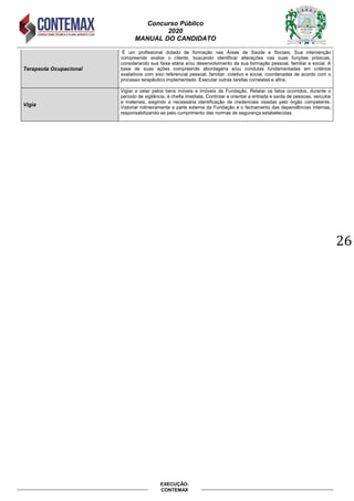 Concurso Público
2020
MANUAL DO CANDIDATO
26
EXECUÇÃO:
CONTEMAX
Terapeuta Ocupacional
É um profissional dotado de formação nas Áreas de Saúde e Sociais. Sua intervenção
compreende avaliar o cliente, buscando identificar alterações nas suas funções práxicas,
considerando sua faixa etária e/ou desenvolvimento da sua formação pessoal, familiar e social. A
base de suas ações compreende abordagens e/ou condutas fundamentadas em critérios
avaliativos com eixo referencial pessoal, familiar, coletivo e social, coordenadas de acordo com o
processo terapêutico implementado. Executar outras tarefas correlatas e afins.
Vigia
Vigiar e zelar pelos bens móveis e imóveis da Fundação. Relatar os fatos ocorridos, durante o
período de vigilância, à chefia imediata. Controlar e orientar a entrada e saída de pessoas, veículos
e materiais, exigindo a necessária identificação de credenciais visadas pelo órgão competente.
Vistoriar rotineiramente a parte externa da Fundação e o fechamento das dependências internas,
responsabilizando-se pelo cumprimento das normas de segurança estabelecidas.
 