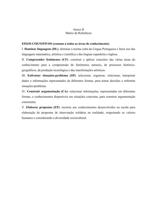 Anexo II
                                    Matriz de Referência


EIXOS COGNITIVOS (comuns a todas as áreas de conhecimento)
I. Dominar linguagens (DL): dominar a norma culta da Língua Portuguesa e fazer uso das
linguagens matemática, artística e científica e das línguas espanhola e inglesa.
II. Compreender fenômenos (CF): construir e aplicar conceitos das várias áreas do
conhecimento para a compreensão de fenômenos naturais, de processos histórico-
geográficos, da produção tecnológica e das manifestações artísticas.
III. Enfrentar situações-problema (SP): selecionar, organizar, relacionar, interpretar
dados e informações representados de diferentes formas, para tomar decisões e enfrentar
situações-problema.
IV. Construir argumentação (CA): relacionar informações, representadas em diferentes
formas, e conhecimentos disponíveis em situações concretas, para construir argumentação
consistente.
V. Elaborar propostas (EP): recorrer aos conhecimentos desenvolvidos na escola para
elaboração de propostas de intervenção solidária na realidade, respeitando os valores
humanos e considerando a diversidade sociocultural.
 