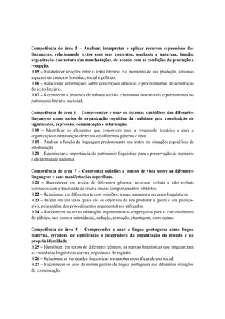 Competência de área 5 – Analisar, interpretar e aplicar recursos expressivos das
linguagens, relacionando textos com seus contextos, mediante a natureza, função,
organização e estrutura das manifestações, de acordo com as condições de produção e
recepção.
H15 – Estabelecer relações entre o texto literário e o momento de sua produção, situando
aspectos do contexto histórico, social e político.
H16 – Relacionar informações sobre concepções artísticas e procedimentos de construção
do texto literário.
H17 – Reconhecer a presença de valores sociais e humanos atualizáveis e permanentes no
patrimônio literário nacional.

Competência de área 6 – Compreender e usar os sistemas simbólicos das diferentes
linguagens como meios de organização cognitiva da realidade pela constituição de
significados, expressão, comunicação e informação.
H18 – Identificar os elementos que concorrem para a progressão temática e para a
organização e estruturação de textos de diferentes gêneros e tipos.
H19 – Analisar a função da linguagem predominante nos textos em situações específicas de
interlocução.
H20 – Reconhecer a importância do patrimônio linguístico para a preservação da memória
e da identidade nacional.

Competência de área 7 – Confrontar opiniões e pontos de vista sobre as diferentes
linguagens e suas manifestações específicas.
H21 – Reconhecer em textos de diferentes gêneros, recursos verbais e não verbais
utilizados com a finalidade de criar e mudar comportamentos e hábitos.
H22 – Relacionar, em diferentes textos, opiniões, temas, assuntos e recursos linguísticos.
H23 – Inferir em um texto quais são os objetivos de seu produtor e quem é seu público-
alvo, pela análise dos procedimentos argumentativos utilizados.
H24 – Reconhecer no texto estratégias argumentativas empregadas para o convencimento
do público, tais como a intimidação, sedução, comoção, chantagem, entre outras.

Competência de área 8 – Compreender e usar a língua portuguesa como língua
materna, geradora de significação e integradora da organização do mundo e da
própria identidade.
H25 – Identificar, em textos de diferentes gêneros, as marcas linguísticas que singularizam
as variedades linguísticas sociais, regionais e de registro.
H26 – Relacionar as variedades linguísticas a situações específicas de uso social.
H27 – Reconhecer os usos da norma padrão da língua portuguesa nas diferentes situações
de comunicação.
 