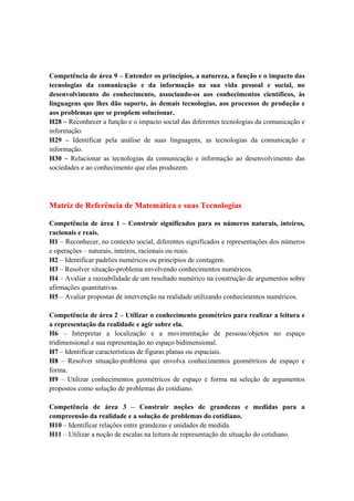 Competência de área 9 – Entender os princípios, a natureza, a função e o impacto das
tecnologias da comunicação e da informação na sua vida pessoal e social, no
desenvolvimento do conhecimento, associando-os aos conhecimentos científicos, às
linguagens que lhes dão suporte, às demais tecnologias, aos processos de produção e
aos problemas que se propõem solucionar.
H28 – Reconhecer a função e o impacto social das diferentes tecnologias da comunicação e
informação.
H29 – Identificar pela análise de suas linguagens, as tecnologias da comunicação e
informação.
H30 – Relacionar as tecnologias da comunicação e informação ao desenvolvimento das
sociedades e ao conhecimento que elas produzem.




Matriz de Referência de Matemática e suas Tecnologias

Competência de área 1 – Construir significados para os números naturais, inteiros,
racionais e reais.
H1 – Reconhecer, no contexto social, diferentes significados e representações dos números
e operações – naturais, inteiros, racionais ou reais.
H2 – Identificar padrões numéricos ou princípios de contagem.
H3 – Resolver situação-problema envolvendo conhecimentos numéricos.
H4 – Avaliar a razoabilidade de um resultado numérico na construção de argumentos sobre
afirmações quantitativas.
H5 – Avaliar propostas de intervenção na realidade utilizando conhecimentos numéricos.

Competência de área 2 – Utilizar o conhecimento geométrico para realizar a leitura e
a representação da realidade e agir sobre ela.
H6 – Interpretar a localização e a movimentação de pessoas/objetos no espaço
tridimensional e sua representação no espaço bidimensional.
H7 – Identificar características de figuras planas ou espaciais.
H8 – Resolver situação-problema que envolva conhecimentos geométricos de espaço e
forma.
H9 – Utilizar conhecimentos geométricos de espaço e forma na seleção de argumentos
propostos como solução de problemas do cotidiano.

Competência de área 3 – Construir noções de grandezas e medidas para a
compreensão da realidade e a solução de problemas do cotidiano.
H10 – Identificar relações entre grandezas e unidades de medida.
H11 – Utilizar a noção de escalas na leitura de representação de situação do cotidiano.
 