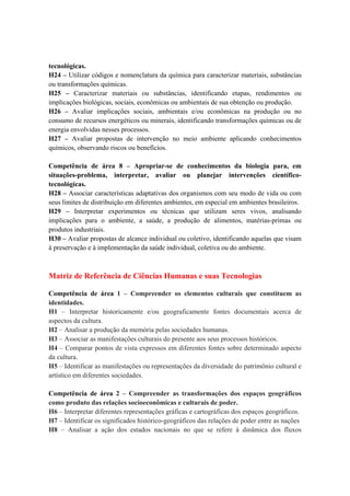 tecnológicas.
H24 – Utilizar códigos e nomenclatura da química para caracterizar materiais, substâncias
ou transformações químicas.
H25 – Caracterizar materiais ou substâncias, identificando etapas, rendimentos ou
implicações biológicas, sociais, econômicas ou ambientais de sua obtenção ou produção.
H26 – Avaliar implicações sociais, ambientais e/ou econômicas na produção ou no
consumo de recursos energéticos ou minerais, identificando transformações químicas ou de
energia envolvidas nesses processos.
H27 – Avaliar propostas de intervenção no meio ambiente aplicando conhecimentos
químicos, observando riscos ou benefícios.

Competência de área 8 – Apropriar-se de conhecimentos da biologia para, em
situações-problema, interpretar, avaliar ou planejar intervenções científico-
tecnológicas.
H28 – Associar características adaptativas dos organismos com seu modo de vida ou com
seus limites de distribuição em diferentes ambientes, em especial em ambientes brasileiros.
H29 – Interpretar experimentos ou técnicas que utilizam seres vivos, analisando
implicações para o ambiente, a saúde, a produção de alimentos, matérias-primas ou
produtos industriais.
H30 – Avaliar propostas de alcance individual ou coletivo, identificando aquelas que visam
à preservação e à implementação da saúde individual, coletiva ou do ambiente.



Matriz de Referência de Ciências Humanas e suas Tecnologias

Competência de área 1 – Compreender os elementos culturais que constituem as
identidades.
H1 – Interpretar historicamente e/ou geograficamente fontes documentais acerca de
aspectos da cultura.
H2 – Analisar a produção da memória pelas sociedades humanas.
H3 – Associar as manifestações culturais do presente aos seus processos históricos.
H4 – Comparar pontos de vista expressos em diferentes fontes sobre determinado aspecto
da cultura.
H5 – Identificar as manifestações ou representações da diversidade do patrimônio cultural e
artístico em diferentes sociedades.

Competência de área 2 – Compreender as transformações dos espaços geográficos
como produto das relações socioeconômicas e culturais de poder.
H6 – Interpretar diferentes representações gráficas e cartográficas dos espaços geográficos.
H7 – Identificar os significados histórico-geográficos das relações de poder entre as nações
H8 – Analisar a ação dos estados nacionais no que se refere à dinâmica dos fluxos
 