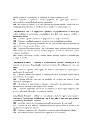populacionais e no enfrentamento de problemas de ordem econômico-social.
H9 – Comparar o significado histórico-geográfico das organizações políticas e
socioeconômicas em escala local, regional ou mundial.
H10 – Reconhecer a dinâmica da organização dos movimentos sociais e a importância da
participação da coletividade na transformação da realidade histórico-geográfica.

Competência de área 3 – Compreender a produção e o papel histórico das instituições
sociais, políticas e econômicas, associando-as aos diferentes grupos, conflitos e
movimentos sociais.
H11 – Identificar registros de práticas de grupos sociais no tempo e no espaço.
H12 – Analisar o papel da justiça como instituição na organização das sociedades.
H13 – Analisar a atuação dos movimentos sociais que contribuíram para mudanças ou
rupturas em processos de disputa pelo poder.
H14 – Comparar diferentes pontos de vista, presentes em textos analíticos e interpretativos,
sobre situação ou fatos de natureza histórico-geográfica acerca das instituições sociais,
políticas e econômicas.
H15 – Avaliar criticamente conflitos culturais, sociais, políticos, econômicos ou ambientais
ao longo da história.

Competência de área 4 – Entender as transformações técnicas e tecnológicas e seu
impacto nos processos de produção, no desenvolvimento do conhecimento e na vida
social.
H16 – Identificar registros sobre o papel das técnicas e tecnologias na organização do
trabalho e/ou da vida social.
H17 – Analisar fatores que explicam o impacto das novas tecnologias no processo de
territorialização da produção.
H18 – Analisar diferentes processos de produção ou circulação de riquezas e suas
implicações socioespaciais.
H19 – Reconhecer as transformações técnicas e tecnológicas que determinam as várias
formas de uso e apropriação dos espaços rural e urbano.
H20 – Selecionar argumentos favoráveis ou contrários às modificações impostas pelas
novas tecnologias à vida social e ao mundo do trabalho.

Competência de área 5 – Utilizar os conhecimentos históricos para compreender e
valorizar os fundamentos da cidadania e da democracia, favorecendo uma atuação
consciente do indivíduo na sociedade.
H21 – Identificar o papel dos meios de comunicação na construção da vida social.
H22 – Analisar as lutas sociais e conquistas obtidas no que se refere às mudanças nas
legislações ou nas políticas públicas.
H23 – Analisar a importância dos valores éticos na estruturação política das sociedades.
H24 – Relacionar cidadania e democracia na organização das sociedades.
 