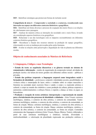 H25 – Identificar estratégias que promovam formas de inclusão social.

Competência de área 6 – Compreender a sociedade e a natureza, reconhecendo suas
interações no espaço em diferentes contextos históricos e geográficos.
H26 – Identificar em fontes diversas o processo de ocupação dos meios físicos e as relações
da vida humana com a paisagem.
H27 – Analisar de maneira crítica as interações da sociedade com o meio físico, levando
em consideração aspectos históricos e/ou geográficos.
H28 – Relacionar o uso das tecnologias com os impactos socioambientais em diferentes
contextos histórico-geográficos.
H29 – Reconhecer a função dos recursos naturais na produção do espaço geográfico,
relacionando-os com as mudanças provocadas pelas ações humanas.
H30 – Avaliar as relações entre preservação e degradação da vida no planeta nas diferentes
escalas.


Objetos de conhecimento associados às Matrizes de Referência


1. Linguagens, Códigos e suas Tecnologias
• Estudo do texto: as sequências discursivas e os gêneros textuais no sistema de
comunicação e informação – modos de organização da composição textual; atividades de
produção escrita e de leitura de textos gerados nas diferentes esferas sociais – públicas e
privadas.
• Estudo das práticas corporais: a linguagem corporal como integradora social e
formadora de identidade – performance corporal e identidades juvenis; possibilidades de
vivência crítica e emancipada do lazer; mitos e verdades sobre os corpos masculino e
feminino na sociedade atual; exercício físico e saúde; o corpo e a expressão artística e
cultural; o corpo no mundo dos símbolos e como produção da cultura; práticas corporais e
autonomia; condicionamentos e esforços físicos; o esporte; a dança; as lutas; os jogos; as
brincadeiras.
• Produção e recepção de textos artísticos: interpretação e representação do mundo
para o fortalecimento dos processos de identidade e cidadania – Artes Visuais: estrutura
morfológica, sintática, o contexto da obra artística, o contexto da comunidade. Teatro:
estrutura morfológica, sintática, o contexto da obra artística, o contexto da comunidade, as
fontes de criação. Música: estrutura morfológica, sintática, o contexto da obra artística, o
contexto da comunidade, as fontes de criação. Dança: estrutura morfológica, sintática, o
contexto da obra artística, o contexto da comunidade, as fontes de criação. Conteúdos
estruturantes das linguagens artísticas (Artes Visuais, Dança, Música, Teatro), elaborados a
partir de suas estruturas morfológicas e sintáticas; inclusão, diversidade e
multiculturalidade: a valorização da pluralidade expressada nas produções estéticas e
 