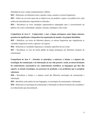 4
finalidade de criar e mudar comportamentos e hábitos.
H22 – Relacionar, em diferentes textos, opiniões, temas, assuntos e recursos linguísticos.
H23 – Inferir em um texto quais são os objetivos de seu produtor e quem é seu público-alvo, pela
análise dos procedimentos argumentativos utilizados.
H24 – Reconhecer no texto estratégias argumentativas empregadas para o convencimento do
público, tais como a intimidação, sedução, comoção, chantagem, entre outras.
Competência de área 8 – Compreender e usar a língua portuguesa como língua materna,
geradora de significação e integradora da organização do mundo e da própria identidade.
H25 – Identificar, em textos de diferentes gêneros, as marcas linguísticas que singularizam as
variedades linguísticas sociais, regionais e de registro.
H26 – Relacionar as variedades linguísticas a situações específicas de uso social.
H27 – Reconhecer os usos da norma padrão da língua portuguesa nas diferentes situações de
comunicação.
Competência de área 9 – Entender os princípios, a natureza, a função e o impacto das
tecnologias da comunicação e da informação na sua vida pessoal e social, no desenvolvimento
do conhecimento, associando-os aos conhecimentos científicos, às linguagens que lhes dão
suporte, às demais tecnologias, aos processos de produção e aos problemas que se propõem
solucionar.
H28 – Reconhecer a função e o impacto social das diferentes tecnologias da comunicação e
informação.
H29 – Identificar, pela análise de suas linguagens, as tecnologias da comunicação e informação.
H30 – Relacionar as tecnologias da comunicação e informação ao desenvolvimento das sociedades e
ao conhecimento que elas produzem.
 