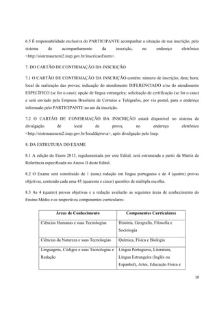 6.5 É responsabilidade exclusiva do PARTICIPANTE acompanhar a situação de sua inscrição, pelo
sistema

de

acompanhamento

da

inscrição,

no

endereço

eletrônico

<http://sistemasenem2.inep.gov.br/inscricaoEnem>.
7. DO CARTÃO DE CONFIRMAÇÃO DA INSCRIÇÃO
7.1 O CARTÃO DE CONFIRMAÇÃO DA INSCRIÇÃO contém: número de inscrição; data; hora;
local de realização das provas; indicação do atendimento DIFERENCIADO e/ou do atendimento
ESPECÍFICO (se for o caso); opção de língua estrangeira; solicitação de certificação (se for o caso)
e será enviado pela Empresa Brasileira de Correios e Telégrafos, por via postal, para o endereço
informado pelo PARTICIPANTE no ato da inscrição.
7.2 O CARTÃO DE CONFIRMAÇÃO DA INSCRIÇÃO estará disponível no sistema de
divulgação

de

local

de

prova,

no

endereço

eletrônico

<http://sistemasenem2.inep.gov.br/localdeprova>, após divulgação pelo Inep.
8. DA ESTRUTURA DO EXAME
8.1 A edição do Enem 2013, regulamentada por este Edital, será estruturada a partir da Matriz de
Referência especificada no Anexo II deste Edital.
8.2 O Exame será constituído de 1 (uma) redação em língua portuguesa e de 4 (quatro) provas
objetivas, contendo cada uma 45 (quarenta e cinco) questões de múltipla escolha.
8.3 As 4 (quatro) provas objetivas e a redação avaliarão as seguintes áreas de conhecimento do
Ensino Médio e os respectivos componentes curriculares:
Áreas de Conhecimento
Ciências Humanas e suas Tecnologias

Componentes Curriculares
História, Geografia, Filosofia e
Sociologia

Ciências da Natureza e suas Tecnologias

Química, Física e Biologia

Linguagens, Códigos e suas Tecnologias e

Língua Portuguesa, Literatura,

Redação

Língua Estrangeira (Inglês ou
Espanhol), Artes, Educação Física e
10

 
