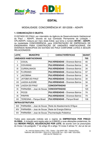 EDITAL

        MODALIDADE: CONCORRÊNCIA Nº. 001/2008 – ADH/PI

1. COMUNICAÇÃO E OBJETO.
O ESTADO DO PIAUI, por intermédio da Agência de Desenvolvimento Habitacional
do Piauí – ADH/PI, através da sua Comissão Permanente de Licitação –
CPL/ADH/PI, instaura por meio deste Edital, que toma o número 001/08 – ADH/PI,
na modalidade CONCORRÊNCIA, para CONTRATAÇÃO DE EMPRESA(S) DE
ENGENHARIA PARA CONSTRUÇÃO DE UNIDADES HABITACIONAIS, EM
DIVERSOS MUNICÍPIOS DO ESTADO DO PIAUÍ CONFORME LOTES A SEGUIR
RELACIONADOS:

LOTE               MUNICÍPIO                          CARACTERÍSTICAS                        QUANT
UNIDADES HABITACIONAIS                                                                        705
   I    COCAL                               PULVERIZADAS – Diversos Bairros                   40
   II   COIVARAS                            PULVERIZADAS – Diversos Bairros                   34
  III   CURRALINHOS                         PULVERIZADAS – Diversos Bairros                   34
  IV    FLORIANO                            PULVERIZADAS – Diversos Bairros                   57
  V     JACOBINA                            PULVERIZADAS – Diversos Bairros                   34
  VI    JATOBÁ DO PIAUÍ                     PULVERIZADAS – Diversos Bairros                   34
  VII   LAGOA ALEGRE                        PULVERIZADAS – Diversos Bairros                   34
 VIII   LAGOA DO PIAUÍ                      CONCENTRADAS                                      34
  IX    PARNAÍBA – Joaz de Sousa CONCENTRADAS                                                 120
  X     PICOS                               PULVERIZADAS – Diversos Bairros                   74
  XI    PIRIPIRI                            PULVERIZADAS – Diversos Bairros                   74
  XII   TERESINA – Parque Brasil            PULVERIZADAS – Parque Brasil                      136
INFRA-ESTRUTURA
 XIII   PARNAÍBA – Joaz de Sousa Rede de Abastecimento D’Água
 XIV PARNAÍBA – Joaz de Sousa Rede de Energia Elétrica
  XV    PARNAÍBA – Joaz de Sousa Pavimentação Poliédrica


Todos para execução indireta sob o regime de EMPREITADA POR PREÇO
GLOBAL. A licitação será regida pela Lei 8.666/93 e suas alterações posteriores, do
tipo MENOR PREÇO, ADJUDICAÇÃO POR LOTE, de acordo com as prescrições
do Inciso I do parágrafo 1o do artigo 45 e artigo 10 inciso II alínea “b”, da Lei da Lei

             Av. José dos Santos e Silva, 1155 – Centro – Cep 64001-300 – Teresina Piauí.           3
           Telefones: (86) 3223-5261 / 3223-3714 / 3223-5168; Fax – 3221-1980 / 3223-5262.
                                       CNPJ 08.787.769/0001-03
 