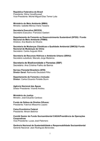 1
República Federativa do Brasil
Presidente: Dilma VanaRoussef
Vice-Presidente: Michel Miguel Elias Temer Lulia
Ministério do Meio Ambiente (MMA)
Ministra: Izabella Mônica Vieira Teixeira
Secretaria Executiva (SECEX)
Secretário Executivo: Francisco Gaetani
Departamento de Fomento ao Desenvolvimento Sustentável (DFDS) / Fundo
Nacional do Meio Ambiente (FNMA)
Diretora: Ana Beatriz de Oliveira
Secretaria de Mudanças Climáticas e Qualidade Ambiental (SMCQ)/ Fundo
Nacional de Mudanças do Clima
Secretário: Carlos Augusto Klink
Secretaria de Recursos Hídricos e Ambiente Urbano (SRHU)
Secretário substituto: Marcelo Jorge Medeiros
Secretaria de Biodiversidade e Florestas (SBF)
Secretário: Ana Cristina Fialho de Barros
Serviço Florestal Brasileiro (SFB)
Diretor Geral: Raimundo Deusdará Filho
Departamento de Fomento e Inclusão
Diretor: Carlos Eduardo Portella Sturm
Agência Nacional das Águas
Diretor Presidente: Vicente Andreu
Ministério da Justiça
Ministro: José Eduardo Cardozo
Fundo de Defesa de Direitos Difusos:
Presidente: Fabrício Missorino Lázaro
Caixa Econômica Federal
Presidente: Miriam Belchior
Comitê Gestor do Fundo Socioambiental CAIXA/Presidência de Operações
Corporativas
Vice-Presidente: Lucas José Palomero
Gerência Nacional de Sustentabilidade e Responsabilidade Socioambiental
Gerente Nacional: Jean Rodrigues Benevides
 