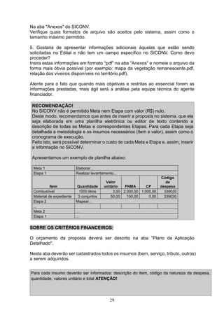 29
Na aba "Anexos" do SICONV.
Verifique quais formatos de arquivo são aceitos pelo sistema, assim como o
tamanho máximo permitido.
5. Gostaria de apresentar informações adicionais àquelas que estão sendo
solicitadas no Edital e não tem um campo específico no SICONV. Como devo
proceder?
Insira estas informações em formato "pdf" na aba "Anexos" e nomeie o arquivo da
forma mais óbvia possível (por exemplo: mapa da vegetação remanescente.pdf,
relação dos viveiros disponíveis no território.pdf).
Atente para o fato que quando mais objetivas e restritas ao essencial forem as
informações prestadas, mais ágil será a análise pela equipe técnica do agente
financiador.
RECOMENDAÇÃO!
No SICONV não é permitido Meta nem Etapa com valor (R$) nulo.
Deste modo, recomendamos que antes de inserir a proposta no sistema, que ela
seja elaborada em uma planilha eletrônica ou editor de texto contendo a
descrição de todas as Metas e correspondentes Etapas. Para cada Etapa seja
detalhada a metodologia e os insumos necessários (item e valor), assim como o
cronograma de execução.
Feito isto, será possível determinar o custo de cada Meta e Etapa e, assim, inserir
a informação no SICONV.
Apresentamos um exemplo de planilha abaixo:
Meta 1 Elaborar...
Etapa 1 Realizar levantamento...
Item Quantidade
Valor
unitário FNMA CP
Código
de
despesa
Combustível 1000 litros 3,00 2.000,00 1.000,00 339030
Material de expediente 3 conjuntos 50,00 150,00 0,00 339030
Etapa 2 Mapear...
...
Meta 2 ...
Etapa 1 ...
SOBRE OS CRITÉRIOS FINANCEIROS:
O orçamento da proposta deverá ser descrito na aba "Plano de Aplicação
Detalhado".
Nesta aba deverão ser cadastrados todos os insumos (bem, serviço, tributo, outros)
a serem adquiridos.
Para cada insumo deverão ser informados: descrição do item, código da natureza da despesa,
quantidade, valores unitário e total ATENÇÃO!
 