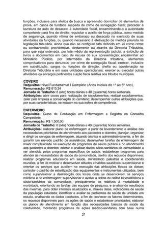 27
funções, inclusive para efeitos de busca e apreensão domiciliar de elementos de
prova, em casos de fundada suspeita de crime de sonegação fiscal; proceder à
lavratura de auto de desacato à autoridade fiscal, encaminhando-o à autoridade
competente para fins de direito; requisitar o auxílio de força pública, como medida
de segurança, quando vítima de embaraço ou desacato no exercício de suas
atividades ou funções, ou quando necessário à efetivação de medida prevista na
legislação tributária, ainda que não se configure fato definido em lei como crime
ou contravenção; providenciar, diretamente ou através da Diretoria Tributária,
para que seja ordenada, por intermédio da representação judicial, a exibição de
livros e documentos em caso de recusa de sua apresentação; encaminhar ao
Ministério Público, por intermédio da Diretoria tributária, elementos
comprobatórios para denunciar por crime de sonegação fiscal; exercer, inclusive
em substituição, cargos ou funções de direção, chefia ou coordenação na
Diretoria Tributária e em suas unidades operacionais; exercer ou executar outras
atividades ou encargos pertinentes a ação fiscal relativa aos tributos municipais.
COVEIRO
Requisitos: Nível Fundamental I Completo (Anos Iniciais do 1º ao 5º Ano),
Remuneração: R$ 815,34
Jornada de Trabalho: 8 (oito) horas diárias e 40 (quarenta) horas semanais.
Atribuições: abrir covas para realização de sepultamentos; realizar sepultamentos;
zelar pela limpeza e conservação do cemitério; desempenhar outras atribuições que,
por suas características, se incluam na sua esfera de competência.
ENFERMEIRO
Requisitos: Curso de Graduação em Enfermagem e Registro no Conselho
Competente.
Remuneração: R$ 1.500,00
Jornada de Trabalho: 8 (oito) horas diárias e 40 (quarenta) horas semanais.
Atribuições: elaborar plano de enfermagem a partir de levantamento e análise das
necessidades prioritárias de atendimento aos pacientes e doentes; planejar, organizar
e dirigir os serviços de enfermagem, atuando técnica e administrativamente, a fim de
garantir um elevado padrão de assistência; desenvolver tarefas de enfermagem de
maior complexidade na execução de programas de saúde pública e no atendimento
aos pacientes e doentes; coletar e analisar dados sócio-sanitários da comunidade a
ser atendida pelos programas específicos de saúde; estabelecer programas para
atender às necessidades de saúde da comunidade, dentro dos recursos disponíveis;
realizar programas educativos em saúde, ministrando palestras e coordenando
reuniões, a fim de motivar e desenvolver atitudes e hábitos saudáveis; supervisionar e
orientar os serviços que auxiliem na execução das atribuições típicas da classe;
controlar o padrão de esterilização dos equipamentos e instrumentos utilizados, bem
como supervisionar a desinfecção dos locais onde se desenvolvem os serviços
médicos e de enfermagem; supervisionar e avaliar a coleta de dados bioestatísticos e
sócio-sanitários da comunidade, principalmente os relativos à mortalidade e
morbidade, orientando as tarefas das equipes de pesquisa, e analisando resultados
das mesmas, para obter informes atualizados e, através delas, indicadores de saúde
da população estudada; identificar e avaliar os problemas de saúde da unidade em
estudo, analisando os dados coletados, a fim de conhecer os fatores determinantes,
os recursos disponíveis para as ações de saúde e estabelecer prioridades; elaborar
os planos de atendimento em função das necessidades básicas de saúde da
coletividade, montando programas de ações médico-sanitárias com base numa
 
