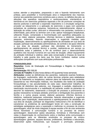 31
outros; atender a amputados, preparando o coto e fazendo treinamento com
prótese, para possibilitar a movimentação ativa e independente dos mesmos;
ensinar aos pacientes exercícios corretivos para a coluna, os defeitos dos pés, as
afecções dos aparelhos respiratórios e cardiovasculares, orientando-os e
treinando-os em exercícios ginásticos especiais a fim de promover correções de
desvios posturais e estimular a expansão respiratória e a circulação sanguínea;
proceder ao relaxamento e a aplicação de exercícios e jogos com pacientes
portadores de problemas psíquicos, treinando-os sistematicamente; efetuar a
aplicação de ondas curtas, ultra-som e infravermelho nos pacientes, conforme a
enfermidade, para aliviar ou terminar com a dor; aplicar massagens terapêuticas,
utilizando fricção, compressão e movimentação com aparelhos adequados ou
com as mãos; elaborar pareceres, informes técnicos e relatórios, realizando
pesquisa, entrevistas, fazendo observações e sugerindo medidas para
implantação, desenvolvimento ou aperfeiçoamento de atividades em sua área de
atuação; participar das atividades administrativas, de controle e de apoio referente
a sua área de atuação; participar das atividades de treinamento e
aperfeiçoamento de pessoal técnico e auxiliar, realizando-as em serviço ou
ministrando aulas e palestras, a fim de contribuir para o desenvolvimento
qualitativo dos recursos humanos em sua área de atuação; utilizar equipamento
de proteção individual e coletiva; zelar pela conservação e limpeza do local de
trabalho e pela guarda dos bens que lhe forem confiados; realizar outras
atribuições compatíveis com suas atribuições profissionais.
FONOAUDIOLOGO
Requisitos: Curso de Graduação em Fonoaudiologia e Registro no Conselho
Competente.
Remuneração: R$1.500,00
Jornada de Trabalho: 8 (oito) horas diárias e 40 (quarenta) horas semanais.
Atribuições: avaliar as deficiências dos pacientes, realizando exames fonéticos,
da linguagem, audiometria, além de outras técnicas próprias para estabelecer
plano de tratamento ou terapêutico; elaborar plano de tratamento dos pacientes,
baseando-se nas informações médicas, nos resultados dos testes de avaliação
fonoaudiologia e nas peculiaridades de cada caso; desenvolver trabalhos de
correção de distúrbios das palavras, voz, linguagem e audição, objetivando a
reeducação neuromuscular e a reabilitação de paciente; avaliar os pacientes no
decorrer do tratamento, observando a evolução de processo e promovendo os
ajustes necessários na terapia adotada; promover a reintegração dos pacientes à
família e a outros grupos sociais; elaborar pareceres, informes técnicos e
relatórios, realizando pesquisas, entrevistas, fazendo observações e sugerindo
medidas para implantação, desenvolvendo e aperfeiçoamento de atividades em
sua área de atuação; participar do diagnostico institucional a fim de identificar e
caracterizar os problemas de aprendizagem tendo em vista a construção de
estratégias pedagógicas para a superação e melhorias no processo de ensino-
aprendizagem; atuar de modo integrado à equipe escolar a fim de criar ambientes
físicos favoráveis à comunicação humana e ao processo de ensino-
aprendizagem; desenvolver ações educativas, formativas e informativas com
vistas à disseminação do conhecimento sobre a interface entre comunicação e
aprendizagem para os diferentes envolvidos no processo de ensino-
aprendizagem: gestores, equipes técnicas, professores, familiares e educandos;
desenvolver ações institucionais, que busquem a promoção, prevenção,
 