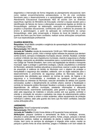 32
diagnóstico e intervenção de forma integrada ao planejamento educacional, bem
como realizar encaminhamentos extraescolares, a fim de criar condições
favoráveis para o desenvolvimento e a aprendizagem; participar das ações do
Atendimento Educacional Especializado AEE de acordo com as diretrizes
específicas vigentes do Ministério da Educação; orientar a equipe escolar para a
identificação de fatores de riscos e alterações ocupacionais ligadas ao âmbito da
fonoaudiologia; participar da elaboração, execução e acompanhamento de
projetos e propostas educacionais, contribuindo para a melhoria do processo de
ensino e aprendizagem, a partir da aplicação de conhecimento do campo
fonoaudiólogo; zelar pela conservação e limpeza do local de trabalho e pela
guarda dos bens que lhe forem confiados; realizar outras atribuições compatíveis
com sua especialização profissional.
GUARDA MUNICIPAL
Requisitos: Nível Médio completo e exigência de apresentação de Carteira Nacional
de Habilitação (CNH)
Remuneração: R$1.085,95
Jornada de Trabalho: escala de revezamento 12x36 com 180h trabalhadas.
Atribuições: prevenir, proibir, inibir e restrigir ações nefastas de pessoas que atentem
contra os bens, serviços e instalações municipais; educar, orientar, fiscalizar, controlar
e policiar o trânsito nas vias e logradouros municipais, visando à segurança e a fluidez
no tráfego, exercendo as atividades necessárias para o cumprimento do estabelecido
nos Código de Trânsito Brasileiro, bem como nas legislações de trânsito e transporte
municipal; vigiar e proteger o patrimônio ecológico, cultural, arquitetônico e ambiental
do Município, adotando medidas educativas e preventivas; exercer o poder de agente
de prevenção à violência do âmbito do Município com o objetivo de proteger a
tranquilidade e segurança dos cidadãos; colaborar, com os órgão estaduais para o
desenvolvimento e provimento da segurança pública do Município, visando o
cessamento das atividades que violarem as normas de saúde, de higiene e de
segurança e a funcionalidade, a moralidade ou quaisquer outros aspectos
relacionados ao interesse do Município; executar atividades de defesa civil (quando
convocada); auxiliar o disciplinamento do controle urbano; exercer a fiscalização e
controle do transporte público Municipal; fiscalizar a entrada e saída de pessoas nas
dependências de edifícios municipais, prestando informações e efetuando
encaminhamentos, examinando autorizações, para garantir a segurança do local;
zelar pela segurança de materiais e veículos postos sob sua guarda; controlar e
orientar a circulação de veículos e pedestres nas áreas de estacionamento público
municipal, para manter a ordem e evitar acidentes; utilizar equipamento de proteção
individual e coletiva; zelar pela guarda dos bens que lhe forem confiados; executar
outras atribuições afins.
JARDINEIRO
Requisitos: Nível Fundamental completo.
Remuneração: R$ 815,34
Jornada de Trabalho: 8 (oito) horas diárias e 40 (quarenta) horas semanais.
Atribuições: preparar canteiros e sementeiras de flores e hortaliças, árvores,
arbustos e outras plantas ornamentais em jardins, hortas, praças, parques e demais
logradouros públicos; realizar as atividades de plantio e replantio de sementes e
mudas, bem como os serviços de adubagem e irrigação entre outros; manter os
parques e jardins livres de ervas daninhas, pragas e moléstias e em bom estado de
 