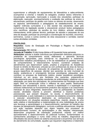 49
supervisionar a utilização de equipamentos de laboratórios e salas-ambiente;
acompanhar e orientar o trabalho do estagiário; analisar dados referentes à
recuperação, aprovação, reprovação e evasão dos estudantes; participar da
elaboração, execução, acompanhamento e avaliação das políticas de ensino e
educacionais; participar da gestão com todos os setores da escola, observando
os aspectos administrativos e pedagógicos do estabelecimento de ensino;
registrar vivências curriculares e a vida escolar dos estudantes; zelar pelo
cumprimento da legislação escolar e educacional; produzir textos pedagógicos
e/ou científicos; participar da escolha do livro didático; articular atividades
interescolares; emitir parecer técnico; participar de estudos e pesquisas da sua
área de atuação; participar da promoção e coordenação de reuniões, encontros,
seminários, cursos e outros eventos da área educacional e correlata; exercer
outras atividades correlatas.
PSICÓLOGO
Requisitos: Curso de Graduação em Pscicologia e Registro no Conselho
Competente.
Remuneração: R$1.500,00
Jornada de Trabalho: 8 (oito) horas diárias e 40 (quarenta) horas semanais.
Atribuições: estudar e avaliar indivíduos que apresentam distúrbios psíquicos ou
problemas de comportamento social, elaborando e aplicando técnicas
psicológicas apropriadas, para orientar-se no diagnóstico e tratamento;
desenvolver trabalhos psicoterápicos, a fim de restabelecer os padrões normais
de comportamentos e relacionamento humano; coordenar unidades de
atendimentos que desenvolvam ações, projetos e programas de Assistência
Social no âmbito do Município; articular-se com profissionais da área de Serviço
Social, para elaboração e execução de programas de assistência e apoio a
grupos específicos de pessoas; atender aos pacientes da rede municipal de
saúde, avaliando-os e empregando técnicas psicológicas adequadas, para
contribuir no processo de tratamento médico; prestar assistência psicológica,
individual ou em grupo, aos familiares dos pacientes, preparando-os
adequadamente para as situações resultantes de enfermidades; colaborar com a
adequação, por parte dos educadores, de conhecimentos da Psicologia que lhes
sejam úteis na consecução crítica e reflexiva de seus papéis; desenvolver
trabalhos com educadores e alunos, visando à explicitação e a superação de
entraves institucionais ao funcionamento produtivo das equipes e ao crescimento
individual de seus integrantes; desenvolver, com os participantes do trabalho
escolar, atividades visando a prevenir, identificar e resolver problemas
psicossociais que possam bloquear, na escola, o desenvolvimento de
potencialidades, a auto realização e o exercício da cidadania consciente; elaborar
e executar procedimentos destinados ao conhecimento da relação
professor/aluno, em situações escolares específicas, visando, através de uma
ação coletiva e interdisciplinar a implementação de uma metodologia de ensino
que favoreça a aprendizagem e o desenvolvimento; participar do trabalho das
equipes de planejamento pedagógico, currículo e políticas educacionais, dirigindo
sua ação naqueles aspectos que digam respeito aos processos de
desenvolvimento humano, de aprendizagem e das relações interpessoais;
desenvolver programas de orientação profissional, visando um melhor
aproveitamento e desenvolvimento do potencial humano, fundamentados no
conhecimento psicológico e numa visão crítica do trabalho; diagnosticar as
dificuldades dos alunos dentro do sistema educacional e encaminhar aos serviços
de atendimento da comunidade, aqueles que requeiram diagnóstico e tratamento
 