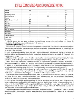 ESTUDE COM AS VÍDEO-AULAS DO CONCURSO VIRTUAL!
 Bahia                                    15                           1                         16
 Ceará                                     9                           1                         10
 Distrito Federal                        133                           7                        140
 Espírito Santo                            1                          (*)                         1
 Goiás                                     7                           1                          8
 Mato Grosso do Sul                       17                           1                         18
 Pará                                     20                           2                         22
 Paraíba                                  11                           1                         12
 Paraná                                    3                          (*)                         3
 Piauí                                     5                           1                          6
 Rio de Janeiro                            5                           1                          6
 Rondônia                                 11                           1                         12
 Roraima                                   9                           1                         10
 Santa Catarina                            9                           1                         10
 São Paulo                                 3                          (*)                         3
 Tocantins                                 9                           1                         10
(*) Não há reserva de vaga para candidato com deficiência para provimento imediato em virtude do
quantitativo oferecido, sendo mantido o cadastro de reserva.
4.2 DA NOMEAÇÃO E LOTAÇÃO
4.2.1 Os candidatos aprovados e classificados serão nomeados de acordo com a necessidade e a conveniência
administrativa, observado o número de vagas previsto neste edital, obedecendo à ordem de classificação na
UF de vaga a que concorreu.
4.2.2 Os candidatos aprovados terão lotações e exercício definidos pelo IBAMA. A critério exclusivo da
Administração, o candidato poderá ser lotado em qualquer unidade do IBAMA, na unidade da Federação para
onde concorreu a vaga.
4.2.3 Os candidatos aprovados serão alocados nas unidades descentralizadas (Superintendências, Gerências
Executivas, Unidades Avançadas, Centros Especializados) e na Administração Central do IBAMA.
4.2.3.1 A classificação obtida pelo candidato aprovado no concurso não gera para si o direito de escolher a
unidade de seu exercício, ficando essa definição condicionada ao interesse e à conveniência da Administração.
4.2.4 Além da listagem de classificação por UF de vaga a que concorreram, os candidatos aprovados também
serão listados pela classificação geral no cargo (reunindo todos os aprovados, independente de UF).
4.2.5 Em caso de não existência de candidato aprovado e classificado em uma ou mais UF, restando vaga não
ocupada e havendo candidatos aprovados nas demais UF, a critério do IBAMA, esses poderão ser convocados
obedecendo à ordem de classificação geral no resultado final do concurso público.
4.2.6 As despesas decorrentes da participação em todos os procedimentos do concurso público de que trata
este edital, inclusive posse e exercício, correm por conta dos candidatos, que não terão direito a alojamento,
alimentação, transporte e/ou ressarcimento de despesas.
4.2.7 Se, durante o prazo de validade do concurso, ocorrer acréscimo do número de vagas oferecido neste
edital, mediante autorização do Ministério do Planejamento, Orçamento e Gestão, em conformidade com o
artigo 11 do Decreto nº 6.944, de 21 de agosto de 2009, a distribuição das novas vagas autorizadas far-se-á,
independentemente daquela de que trata o item 4 deste edital, a critério da Administração, levando em
consideração as necessidades de provimento do IBAMA.
4.2.8 Não poderá haver remoção ou redistribuição nos primeiros 36 (trinta e seis) meses a partir da entrada
em exercício. Após esse período, somente por conveniência administrativa e com a aprovação do Presidente
do IBAMA.


                                                                                                            3
 