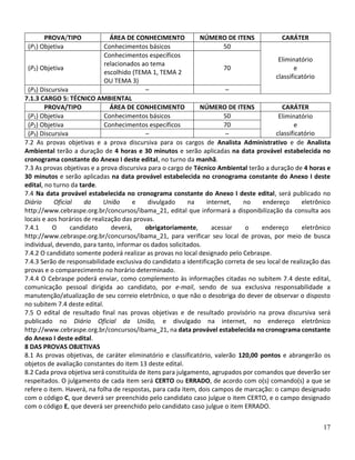 17
PROVA/TIPO ÁREA DE CONHECIMENTO NÚMERO DE ITENS CARÁTER
(P1) Objetiva Conhecimentos básicos 50
Eliminatório
e
classificatório
(P2) Objetiva
Conhecimentos específicos
relacionados ao tema
escolhido (TEMA 1, TEMA 2
OU TEMA 3)
70
(P3) Discursiva – –
7.1.3 CARGO 5: TÉCNICO AMBIENTAL
PROVA/TIPO ÁREA DE CONHECIMENTO NÚMERO DE ITENS CARÁTER
(P1) Objetiva Conhecimentos básicos 50 Eliminatório
e
classificatório
(P2) Objetiva Conhecimentos específicos 70
(P3) Discursiva – –
7.2 As provas objetivas e a prova discursiva para os cargos de Analista Administrativo e de Analista
Ambiental terão a duração de 4 horas e 30 minutos e serão aplicadas na data provável estabelecida no
cronograma constante do Anexo I deste edital, no turno da manhã.
7.3 As provas objetivas e a prova discursiva para o cargo de Técnico Ambiental terão a duração de 4 horas e
30 minutos e serão aplicadas na data provável estabelecida no cronograma constante do Anexo I deste
edital, no turno da tarde.
7.4 Na data provável estabelecida no cronograma constante do Anexo I deste edital, será publicado no
Diário Oficial da União e divulgado na internet, no endereço eletrônico
http://www.cebraspe.org.br/concursos/ibama_21, edital que informará a disponibilização da consulta aos
locais e aos horários de realização das provas.
7.4.1 O candidato deverá, obrigatoriamente, acessar o endereço eletrônico
http://www.cebraspe.org.br/concursos/ibama_21, para verificar seu local de provas, por meio de busca
individual, devendo, para tanto, informar os dados solicitados.
7.4.2 O candidato somente poderá realizar as provas no local designado pelo Cebraspe.
7.4.3 Serão de responsabilidade exclusiva do candidato a identificação correta de seu local de realização das
provas e o comparecimento no horário determinado.
7.4.4 O Cebraspe poderá enviar, como complemento às informações citadas no subitem 7.4 deste edital,
comunicação pessoal dirigida ao candidato, por e-mail, sendo de sua exclusiva responsabilidade a
manutenção/atualização de seu correio eletrônico, o que não o desobriga do dever de observar o disposto
no subitem 7.4 deste edital.
7.5 O edital de resultado final nas provas objetivas e de resultado provisório na prova discursiva será
publicado no Diário Oficial da União, e divulgado na internet, no endereço eletrônico
http://www.cebraspe.org.br/concursos/ibama_21, na data provável estabelecida no cronograma constante
do Anexo I deste edital.
8 DAS PROVAS OBJETIVAS
8.1 As provas objetivas, de caráter eliminatório e classificatório, valerão 120,00 pontos e abrangerão os
objetos de avaliação constantes do item 13 deste edital.
8.2 Cada prova objetiva será constituída de itens para julgamento, agrupados por comandos que deverão ser
respeitados. O julgamento de cada item será CERTO ou ERRADO, de acordo com o(s) comando(s) a que se
refere o item. Haverá, na folha de respostas, para cada item, dois campos de marcação: o campo designado
com o código C, que deverá ser preenchido pelo candidato caso julgue o item CERTO, e o campo designado
com o código E, que deverá ser preenchido pelo candidato caso julgue o item ERRADO.
 