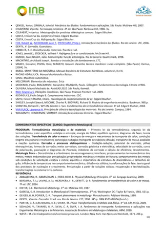 102
 ÇENGEL, Yunus; CIMBALA, John M. Mecânica dos fluidos: fundamentos e aplicações. São Paulo: McGraw-Hill, 2007.
 CHIAVERINI, Vicente. Tecnologia mecânica. 2ª ed. São Paulo: McGraw-Hill, 1986. 3v.
 COLPAERT, Hubertus. Metalografia dos produtos siderúrgicos comuns. Edgard Blucher.
 COSTA, Ennio Cruz da. Conforto térmico. Edgard Blucher.
 COSTA, Ennio Cruz da. Refrigeração. Edgard Blucher.
 FOX, Robert W.; MCDONALD, Alan T.; PRITCHARD, Philip J. Introdução à mecânica dos fluidos. Rio de Janeiro: LTC, 2006.
 GENTIL. V. Corrosão. Guanabara.
 HIBBELER, R. C. Resistência dos materiais. Prentice Hall.
 JONES, Jerold E.; STOECKER, Wilbert F. Refrigeração e ar condicionado. McGraw Hill.
 KARDEC, Alan; NASCIF, Júlio. Manutenção: função estratégica. Rio de Janeiro: Qualitymark, 1998.
 MACINTYRE, Archibald Joseph. Bombas e instalações de bombeamento. LTC.
 MANFE, Giovanni; POZZA, Rino; SCARATO, Giovani. Desenho técnico mecânico: curso completo. [São Paulo]: Hemus,
[2004]. 3v.
 BRASIL. MINISTÉRIO DA INDÚSTRIA. Manual Brasileiro de Estruturas Metálicas, volumes I, II e III.
 RACINE HIDRÁULICA. Manual de Hidráulica Básica.
 SENAI. Mecânica Automotiva.
 MELCONIAN. Elementos de máquinas. Érica
 MODENESI, Paulo; BRACARENSE, Alexandre; MARQUES, Paulo. Soldagem: fundamentos e tecnologia. Editora UFMG.
 OLIVEIRA, Mauro Machado de. AutoCAD 2010. São Paulo, Komedi.
 RAO, Singiresu S. Vibrações mecânicas. São Paulo: Pearson Prentice Hall, 2009.
 RODRIGUES, Paulo Sérgio B. Compressores industriais. EDC.
 SAITO, Heizo; YAMANE, Eitaro. Tecnologia do condicionamento de ar. Edgard Blucher.
 SHIGLEY, Joseph Edward; MISCHKE, Charles R; BUDYNAS, Richard G. Projeto de engenharia mecânica. Bookman. 960 p.
 SONNTAG, Richard E.; WYLEN, Gordon J. Van. Fundamentos da termodinâmica clássica. 4ª ed. Edgard Blucher, 2004.
 VAN VLACK, Lawrence H. Princípios de ciência e tecnologia dos materiais. Rio de Janeiro: Campus, 1984.
 WOLGEMTH; HENDERSON; SCHMIDT. Introdução às ciências térmicas. Edgard Blucher.
CONHECIMENTOS ESPECÍFICOS - (CARGO: Engenheiro Metalúrgico)
PROGRAMA: Termodinâmica metalúrgica e de materiais – Primeira lei da termodinâmica; segunda lei da
termodinâmica; calor específico, entalpia e entropia; energia de Gibbs; equilíbrio químico; diagramas de fases; teoria
das soluções. Transferência de calor e massa – Balanços de energia e mecanismos de transporte de calor; condução
(regime estacionário e transiente); convecção; radiação; transporte de espécies; difusão; transporte de massa acoplado
a reações químicas. Corrosão e processos eletroquímicos – Oxidação-redução; potencial de eletrodo; pilhas
eletroquímicas; formas de corrosão; meios corrosivos; corrosão galvânica e eletrolítica; velocidade de corrosão, curva
de polarização, passivação e diagramas de Pourbaix; inibidores de corrosão e cálculo de eficiência; revestimentos.
Metalurgia física – Discordâncias e o fenômeno do escorregamento; interfaces; processamentos termomecânicos dos
metais; metais endurecidos por precipitação; propriedades mecânicas e modos de fratura; comportamento dos metais
sob condições de solicitação estática e cíclica; aspectos e importância da estrutura de discordâncias e tamanhos de
grão; influência da temperatura no comportamento mecânico; difusão nos sólidos; transformações de fase; teoria geral
dos processos de nucleação e crescimento. Precipitação a partir de soluções sólidas; recuperação e recristalização;
transformações no sistema ferro-carbono.
REFERÊNCIAS
 ABBASCHIAN, R.; ABBASCHIAN, L.; REED-Hill R. E. Physical Metallurgy Principles. 4th
ed. Cengage Learning, 2009.
 BERGMAN, T. L.; LAVINE, A. S.; INCROPERA, F. P., DEWITT, D. P. Fundamentos de transferência de calor e de massa.
7ª ed. LTC, 2014.
 DIETER, G.E. Mechanical Metallurgy. 3rd
ed. McGraw-Hill, 1987.
 GASKELL, D. R. Introduction to Metallurgical Thermodynamics. 2nd
ed. Washington DC: Taylor & Francis, 1981. 611 p.
 GEIGER, G. H, POIRIER, D. R. Transport phenomena in metallurgy. Massachusetts: Addison-Wesley, 1980.
 GENTIL, Vicente. Corrosão. 3ª ed. rev. Rio de Janeiro: LTC, 1996. 345 p. ISBN 8521610556 (broch.).
 PORTER, D. A.; EASTERLING, K. E.; SHERIF, M. Phase Transformations in Metals and Alloys. 3rd
ed. CRS Press, 2009.
 SESHADRI, V.; TAVARES, R. P.; SILVA, C. A; SILVA, I. A. Fenômenos de transporte: fundamentos e aplicações nas
Engenharias Metalúrgica e de Materiais. Associação Brasileira de Metalurgia e Materiais, ABM, 2010.
 WEST J. M. Electrodeposition and corrosion processes. London; New York: Van Nostrand Reinhold, 1971. 206 p.
 