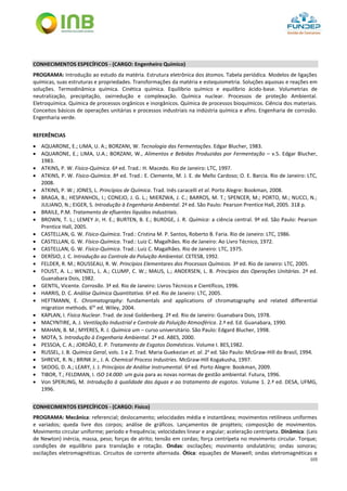 103
CONHECIMENTOS ESPECÍFICOS - (CARGO: Engenheiro Químico)
PROGRAMA: Introdução ao estudo da matéria. Estrutura eletrônica dos átomos. Tabela periódica. Modelos de ligações
químicas, suas estruturas e propriedades. Transformações da matéria e estequiometria. Soluções aquosas e reações em
soluções. Termodinâmica química. Cinética química. Equilíbrio químico e equilíbrio ácido-base. Volumetrias de
neutralização, precipitação, oxirredução e complexação. Química nuclear. Processos de proteção Ambiental.
Eletroquímica. Química de processos orgânicos e inorgânicos. Química de processos bioquímicos. Ciência dos materiais.
Conceitos básicos de operações unitárias e processos industriais na indústria química e afins. Engenharia de corrosão.
Engenharia verde.
REFERÊNCIAS
 AQUARONE, E.; LIMA, U. A.; BORZANI, W. Tecnologia das Fermentações. Edgar Blucher, 1983.
 AQUARONE, E.; LIMA, U.A.; BORZANI, W., Alimentos e Bebidas Produzidas por Fermentação – v.5. Edgar Blucher,
1983.
 ATKINS, P. W. Físico-Química. 6ª ed. Trad.: H. Macedo. Rio de Janeiro: LTC, 1997.
 ATKINS, P. W. Físico-Química. 8ª ed. Trad.: E. Clemente, M. J. E. de Mello Cardoso; O. E. Barcia. Rio de Janeiro: LTC,
2008.
 ATKINS, P. W.; JONES, L. Princípios de Química. Trad. Inês caracelli et al. Porto Alegre: Bookman, 2008.
 BRAGA, B.; HESPANHOL, I.; CONEJO, J. G. L.; MIERZWA, J. C.; BARROS, M. T.; SPENCER, M.; PORTO, M.; NUCCI, N.;
JULIANO, N.; EIGER, S. Introdução à Engenharia Ambiental. 2ª ed. São Paulo: Pearson Prentice Hall, 2005. 318 p.
 BRAILE, P.M. Tratamento de efluentes líquidos industriais.
 BROWN, T. L.; LEMEY Jr, H. E.; BURTEN, B. E.; BURDGE, J. R. Química: a ciência central. 9ª ed. São Paulo: Pearson
Prentice Hall, 2005.
 CASTELLAN, G. W. Físico-Química. Trad.: Cristina M. P. Santos, Roberto B. Faria. Rio de Janeiro: LTC, 1986.
 CASTELLAN, G. W. Físico-Química. Trad.: Luiz C. Magalhães. Rio de Janeiro: Ao Livro Técnico, 1972.
 CASTELLAN, G. W. Físico-Química. Trad.: Luiz C. Magalhães. Rio de Janeiro: LTC, 1975.
 DERÍSIO, J. C. Introdução ao Controle da Poluição Ambiental. CETESB, 1992.
 FELDER, R. M.; ROUSSEAU, R. W. Princípios Elementares dos Processos Químicos. 3ª ed. Rio de Janeiro: LTC, 2005.
 FOUST, A. L.; WENZEL, L. A.; CLUMP, C. W.; MAUS, L.; ANDERSEN, L. B. Princípios das Operações Unitárias. 2ª ed.
Guanabara Dois, 1982.
 GENTIL, Vicente. Corrosão. 3ª ed. Rio de Janeiro: Livros Técnicos e Científicos, 1996.
 HARRIS, D. C. Análise Química Quantitativa. 6ª ed. Rio de Janeiro: LTC, 2005.
 HEFTMANN, E. Chromatography: fundamentals and applications of chromatography and related differential
migration methods. 6th
ed. Wiley, 2004.
 KAPLAN, I. Física Nuclear. Trad. de José Goldenberg. 2ª ed. Rio de Janeiro: Guanabara Dois, 1978.
 MACYNTIRE, A. J. Ventilação Industrial e Controle da Poluição Atmosférica. 2.ª ed. Ed. Guanabara, 1990.
 MAHAN, B. M.; MYERES, R. J. Química um – curso universitário. São Paulo: Edgard Blucher, 1998.
 MOTA, S. Introdução à Engenharia Ambiental. 2ª ed. ABES, 2000.
 PESSOA, C. A.; JORDÃO, E. P. Tratamento de Esgotos Domésticos. Volume I. BES,1982.
 RUSSEL, J. B. Química Geral, vols. 1 e 2. Trad. Maria Guekezian et. al. 2a
ed. São Paulo: McGraw-Hill do Brasil, 1994.
 SHREVE, R. N.; BRINK Jr., J. A. Chemical Process Industries. McGraw-Hill Kogakusha, 1997.
 SKOOG, D. A.; LEARY, J. J. Princípios de Análise Instrumental. 6ª ed. Porto Alegre: Bookman, 2009.
 TIBOR, T.; FELDMAN, I. ISO 14.000: um guia para as novas normas de gestão ambiental. Futura, 1996.
 Von SPERLING, M. Introdução à qualidade das águas e ao tratamento de esgotos. Volume 1. 2.ª ed. DESA, UFMG,
1996.
CONHECIMENTOS ESPECÍFICOS - (CARGO: Físico)
PROGRAMA: Mecânica: referencial; deslocamento; velocidades média e instantânea; movimentos retilíneos uniformes
e variados; queda livre dos corpos; análise de gráficos. Lançamentos de projéteis; composição de movimentos.
Movimento circular uniforme; período e frequência; velocidades linear e angular; aceleração centrípeta. Dinâmica: (Leis
de Newton) inércia, massa, peso; forças de atrito; tensão em cordas; força centrípeta no movimento circular. Torque;
condições de equilíbrio para translação e rotação. Ondas: oscilações; movimento ondulatório; ondas sonoras;
oscilações eletromagnéticas. Circuitos de corrente alternada. Ótica: equações de Maxwell; ondas eletromagnéticas e
 