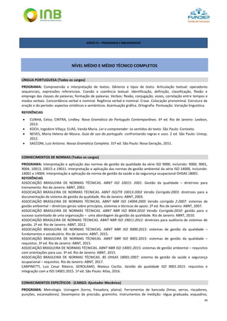 49
ANEXO III – PROGRAMAS E BIBLIOGRAFIAS
NÍVEL MÉDIO E MÉDIO TÉCNICO COMPLETOS
LÍNGUA PORTUGUESA (Todos os cargos)
PROGRAMA: Compreensão e interpretação de textos. Gêneros e tipos de texto. Articulação textual: operadores
sequenciais, expressões referenciais. Coesão e coerência textual. Identificação, definição, classificação, flexão e
emprego das classes de palavras; formação de palavras. Verbos: flexão, conjugação, vozes, correlação entre tempos e
modos verbais. Concordância verbal e nominal. Regência verbal e nominal. Crase. Colocação pronominal. Estrutura da
oração e do período: aspectos sintáticos e semânticos. Acentuação gráfica. Ortografia. Pontuação. Variação linguística.
REFERÊNCIAS
 CUNHA, Celso; CINTRA, Lindley. Nova Gramática do Português Contemporâneo. 6ª ed. Rio de Janeiro: Lexikon,
2013.
 KOCH, Ingedore Villaça; ELIAS, Vanda Maria. Ler e compreender: os sentidos do texto. São Paulo: Contexto.
 NEVES, Maria Helena de Moura. Guia de uso do português: confrontando regras e usos. 2 ed. São Paulo: Unesp,
2012.
 SACCONI, Luiz Antonio. Nossa Gramática Completa. 31ª ed. São Paulo: Nova Geração, 2011.
CONHECIMENTOS DE NORMAS (Todos os cargos)
PROGRAMA: Interpretação e aplicação das normas de gestão da qualidade da série ISO 9000, incluindo: 9000, 9001,
9004, 10013, 10015 e 19011. Interpretação e aplicação das normas de gestão ambiental da série ISO 14000, incluindo:
14001 e 14004. Interpretação e aplicação da norma de gestão da saúde e da segurança ocupacional OHSAS 18001.
REFERÊNCIAS
ASSOCIAÇÃO BRASILEIRA DE NORMAS TÉCNICAS. ABNT ISO 10015: 2001: Gestão da qualidade – diretrizes para
treinamento. Rio de Janeiro: ABNT, 2001.
ASSOCIAÇÃO BRASILEIRA DE NORMAS TÉCNICAS. ABNT ISO/TR 10013:2002 Versão Corrigida:2003: diretrizes para a
documentação de sistema de gestão da qualidade. Rio de Janeiro: ABNT, 2003.
ASSOCIAÇÃO BRASILEIRA DE NORMAS TÉCNICAS. ABNT NBR ISO 14004:2005 Versão corrigida 2:2007: sistemas de
gestão ambiental – diretrizes gerais sobre princípios, sistemas e técnicas de apoio. 2ª ed. Rio de Janeiro: ABNT, 2007.
ASSOCIAÇÃO BRASILEIRA DE NORMAS TÉCNICAS. ABNT NBR ISO 9004:2010 Versão Corrigida:2010: gestão para o
sucesso sustentado de uma organização – uma abordagem da gestão da qualidade. Rio de Janeiro: ABNT, 2010.
ASSOCIAÇÃO BRASILEIRA DE NORMAS TÉCNICAS. ABNT NBR ISO 19011:2012: diretrizes para auditoria de sistemas de
gestão. 2ª ed. Rio de Janeiro: ABNT, 2012.
ASSOCIAÇÃO BRASILEIRA DE NORMAS TÉCNICAS. ABNT NBR ISO 9000:2015: sistemas de gestão da qualidade –
fundamentos e vocabulário. Rio de Janeiro: ABNT, 2015.
ASSOCIAÇÃO BRASILEIRA DE NORMAS TÉCNICAS. ABNT NBR ISO 9001:2015: sistemas de gestão da qualidade –
requisitos. 3ª ed. Rio de Janeiro: ABNT, 2015.
ASSOCIAÇÃO BRASILEIRA DE NORMAS TÉCNICAS. ABNT NBR ISO 14001:2015: sistemas de gestão ambiental – requisitos
com orientações para uso. 3ª ed. Rio de Janeiro: ABNT, 2015.
ASSOCIAÇÃO BRASILEIRA DE NORMAS TÉCNICAS. BS OHSAS 18001:2007: sistema de gestão da saúde e segurança
ocupacional – requisitos. Rio de Janeiro: ABNT, 2017.
CARPINETTI, Luiz Cesar Ribeiro; GEROLAMO, Mateus Cecílio. Gestão da qualidade ISO 9001:2015: requisitos e
integração com a ISO 14001:2015. 1ª ed. São Paulo: Atlas, 2016.
CONHECIMENTOS ESPECÍFICOS - (CARGO: Ajustador Mecânico)
PROGRAMA: Metrologia. Usinagem (torno, fresadora, plaina). Ferramentas de bancada (limas, serras, riscadores,
punções, escareadores). Desempeno de precisão, graminho. Instrumentos de medição: régua graduada; esquadros;
 